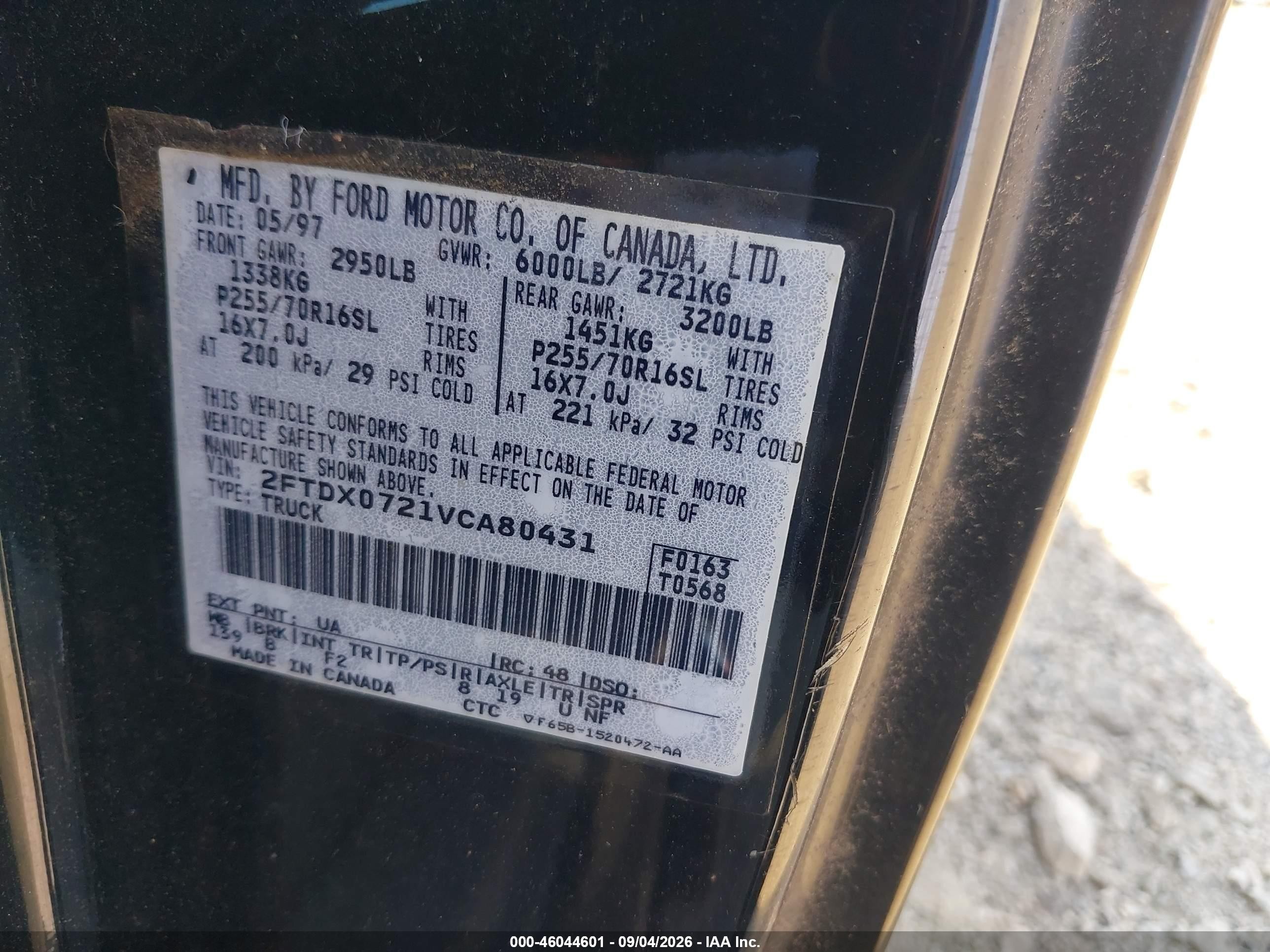 1997 Ford F-150 Xl/xlt Черный vin: 2FTDX0721VCA80431