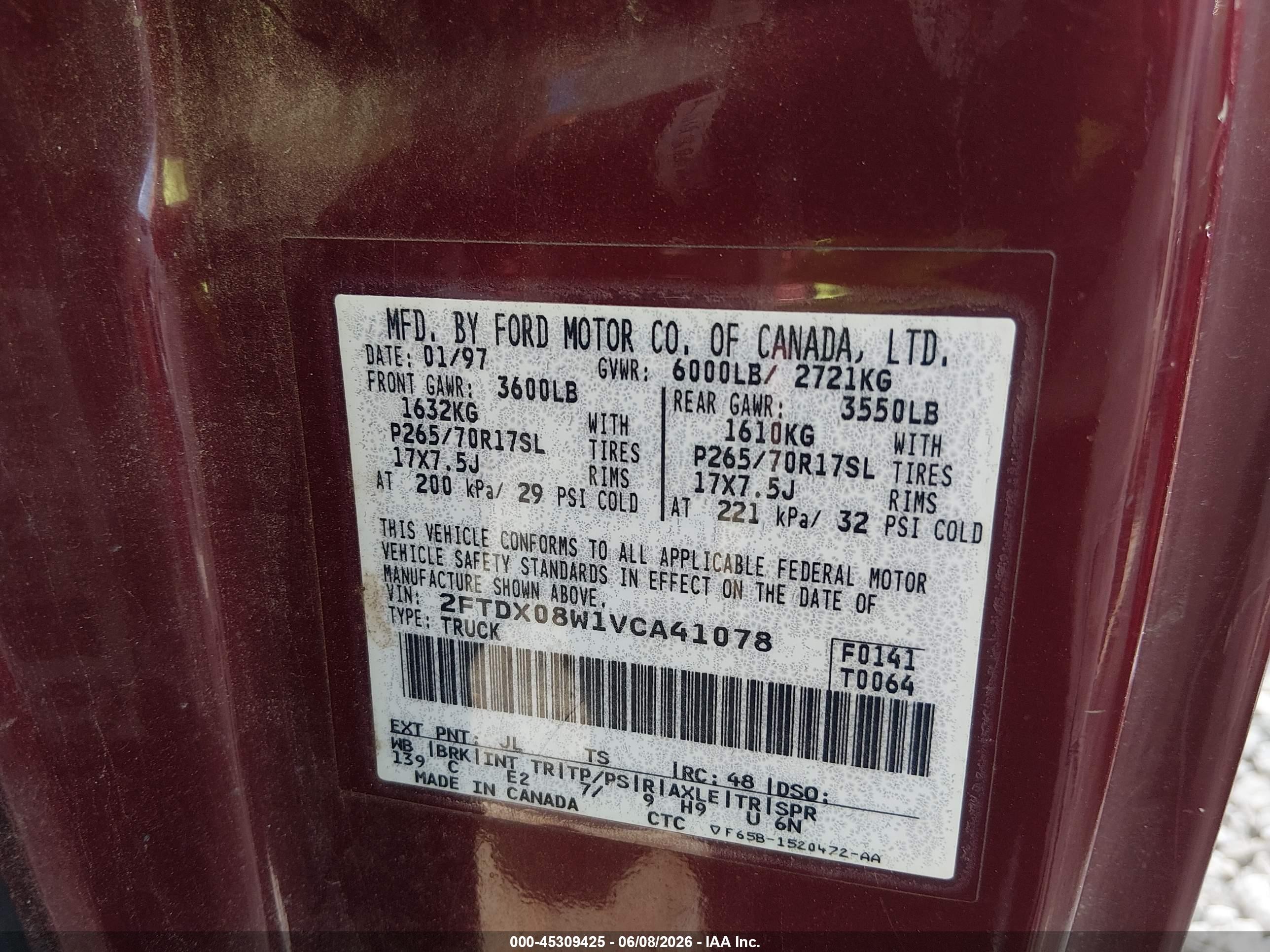 1997 Ford F-150 Lariat/xl/xlt Burgundy vin: 2FTDX08W1VCA41078