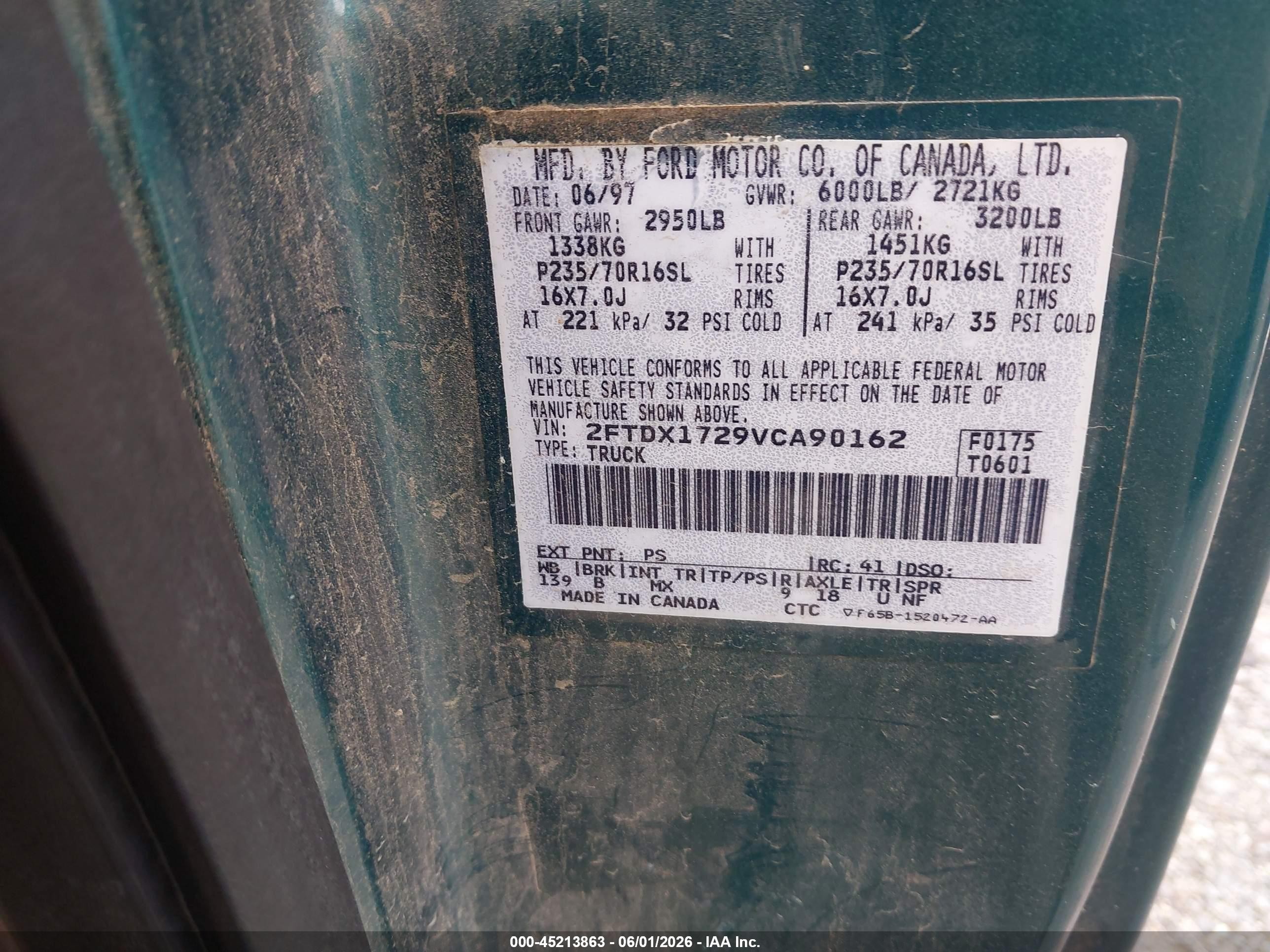 1997 Ford F-150 Standard/xl/xlt Green vin: 2FTDX1729VCA90162