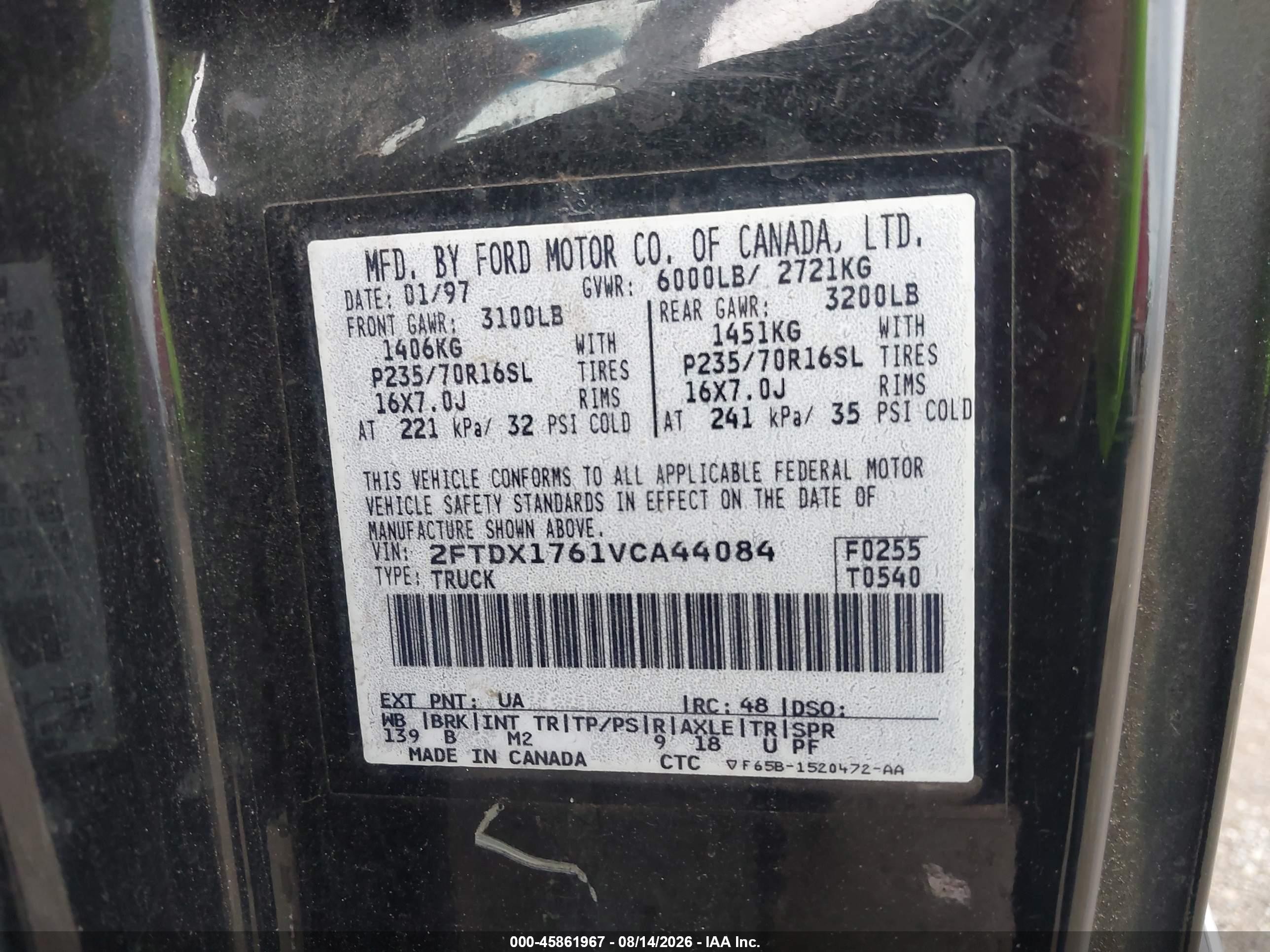 1997 Ford F-150 Standard Lariat/standard/xl/xlt Black vin: 2FTDX1761VCA44084