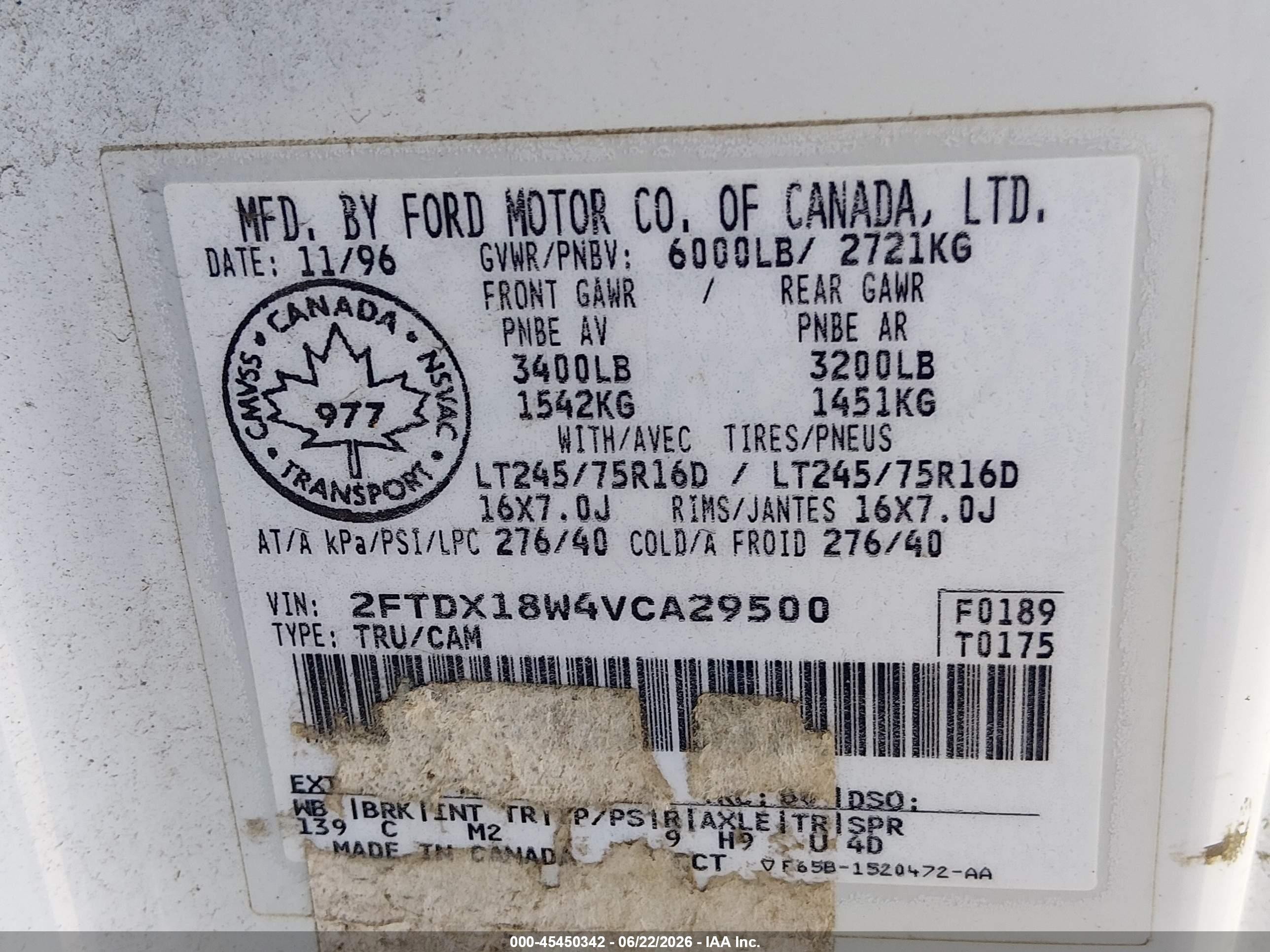 1997 Ford F-150 Lariat/xl/xlt White vin: 2FTDX18W4VCA29500