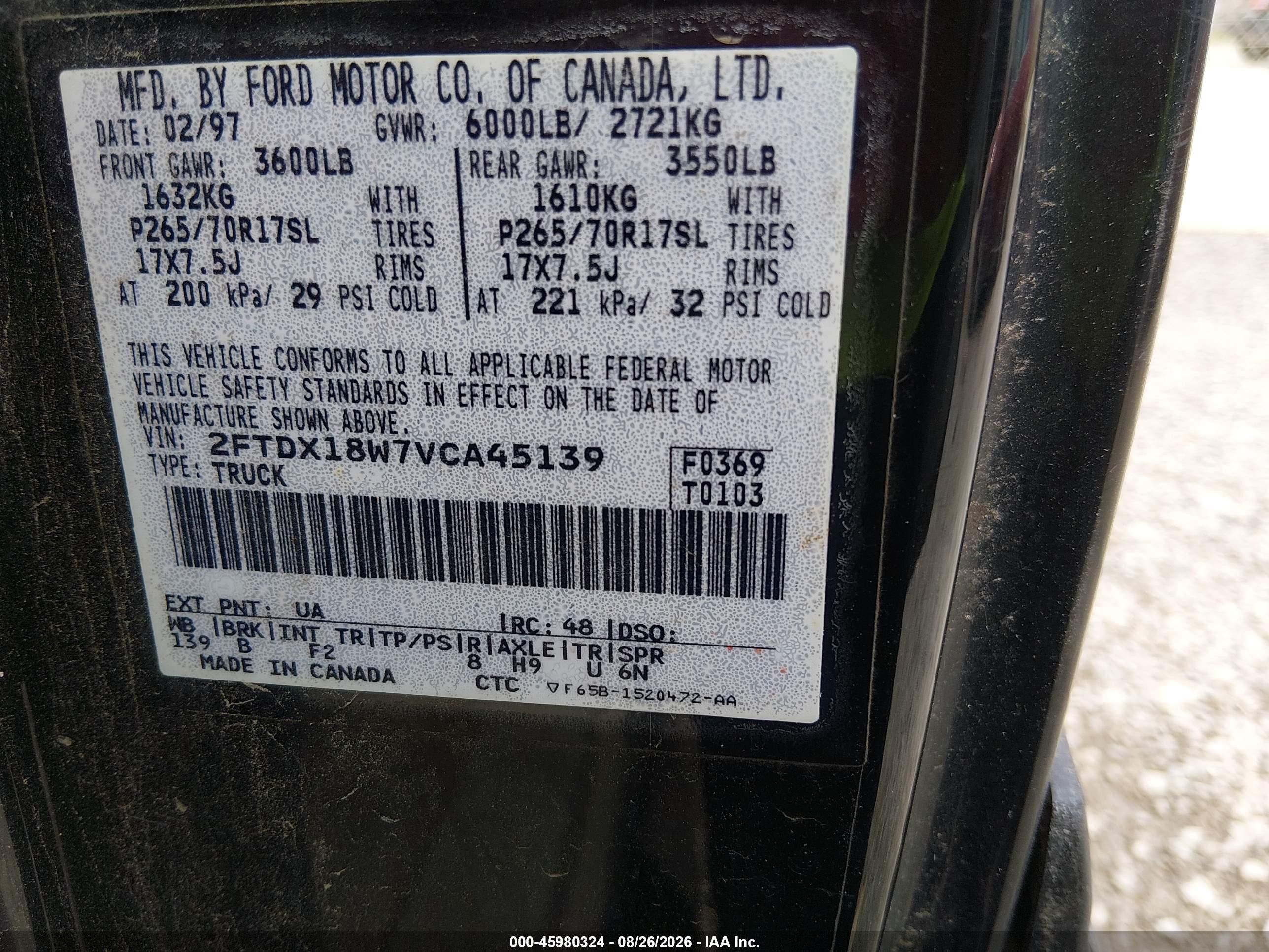 1997 Ford F-150 Lariat/xl/xlt Black vin: 2FTDX18W7VCA45139