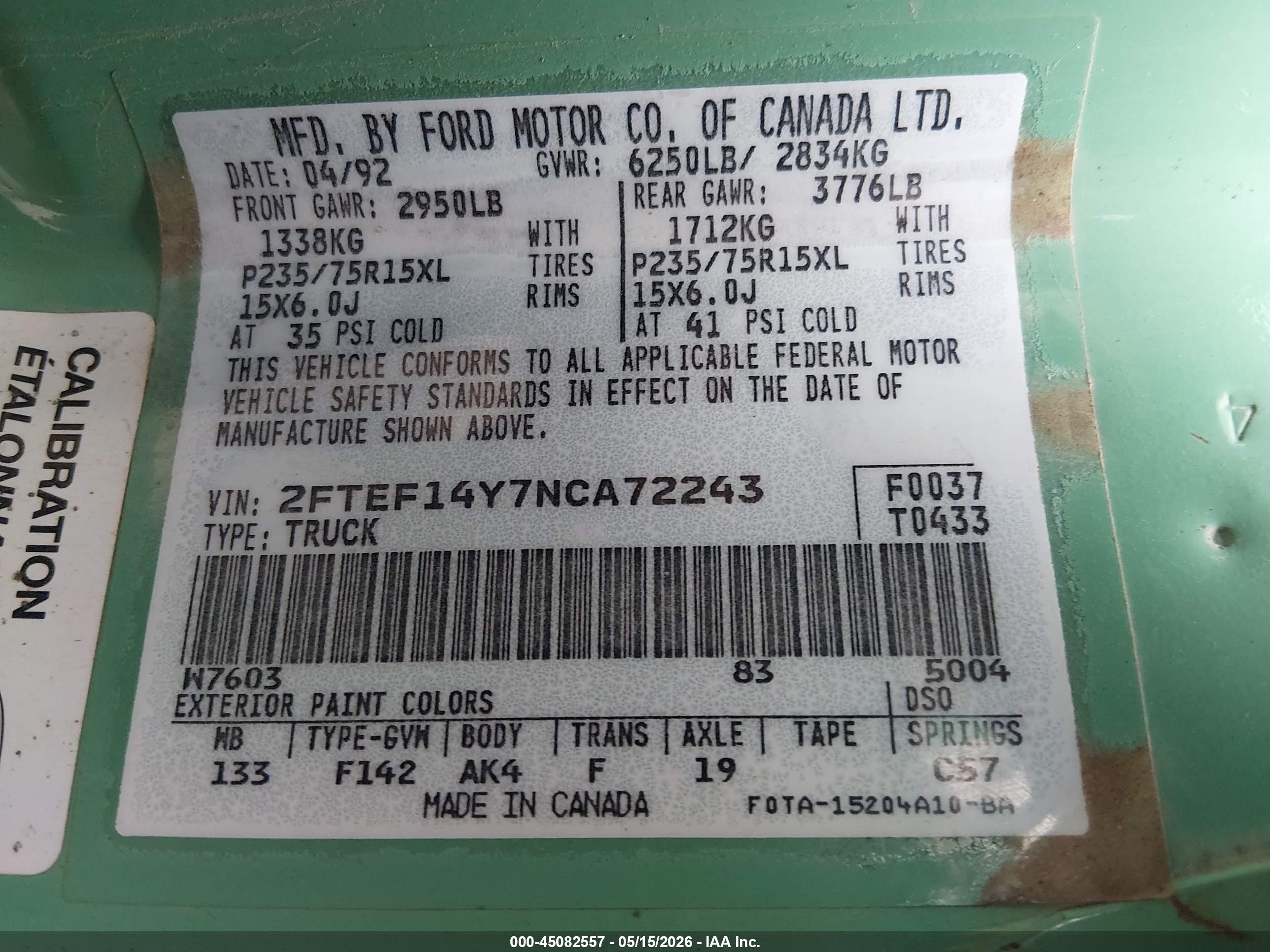 1992 Ford F150   Зеленый vin: 2FTEF14Y7NCA72243