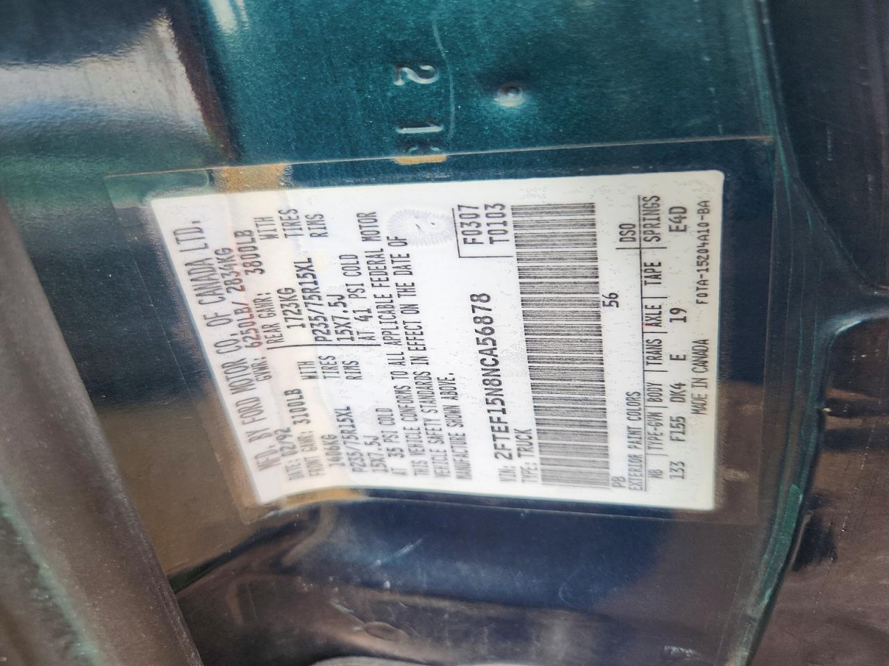 1992 Ford F150 Green vin: 2FTEF15N8NCA56878