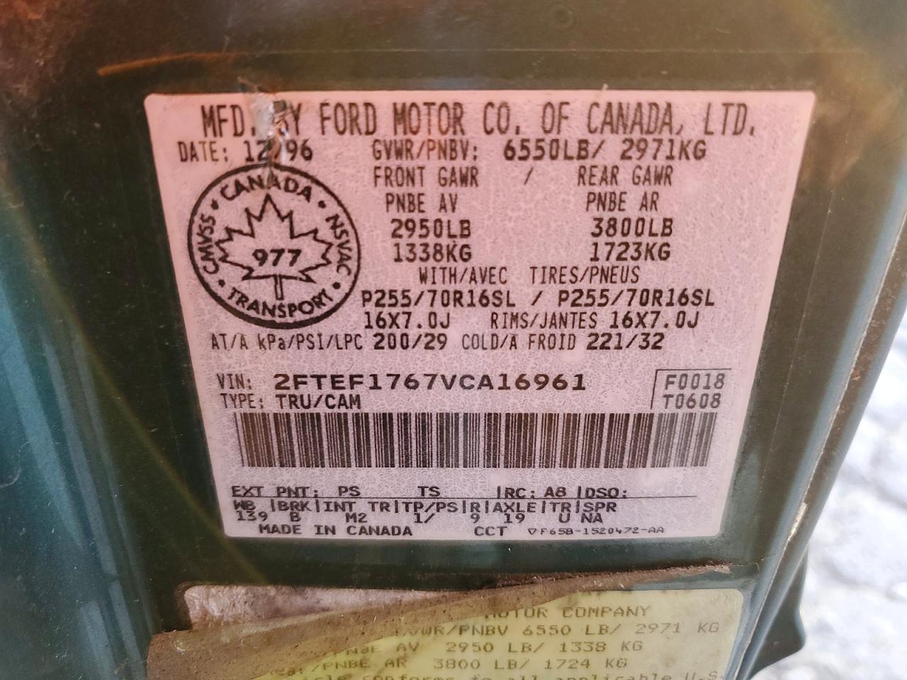 1997 Ford F150 Green vin: 2FTEF1767VCA16961