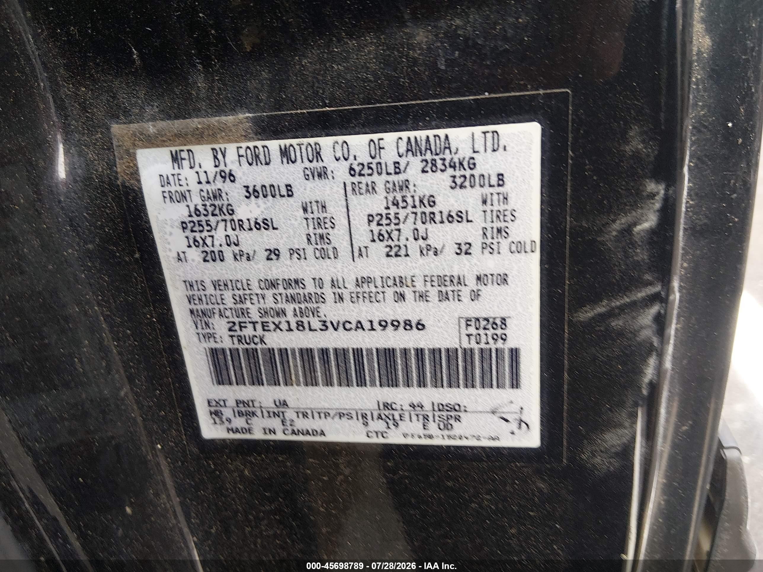 1997 Ford F-150 Lariat/xl/xlt Black vin: 2FTEX18L3VCA19986