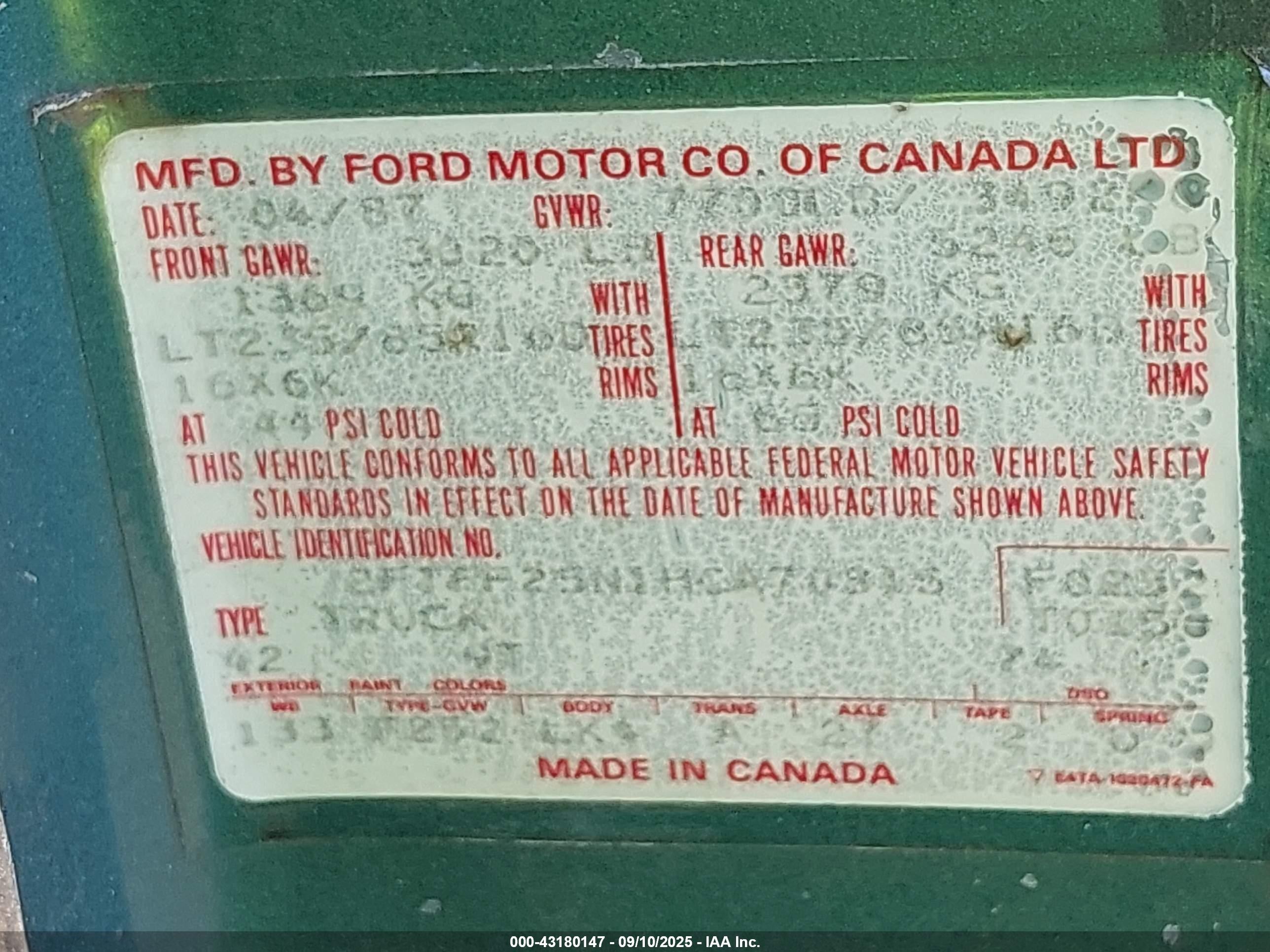 1987 Ford F250   Green vin: 2FTFF25N1HCA70815