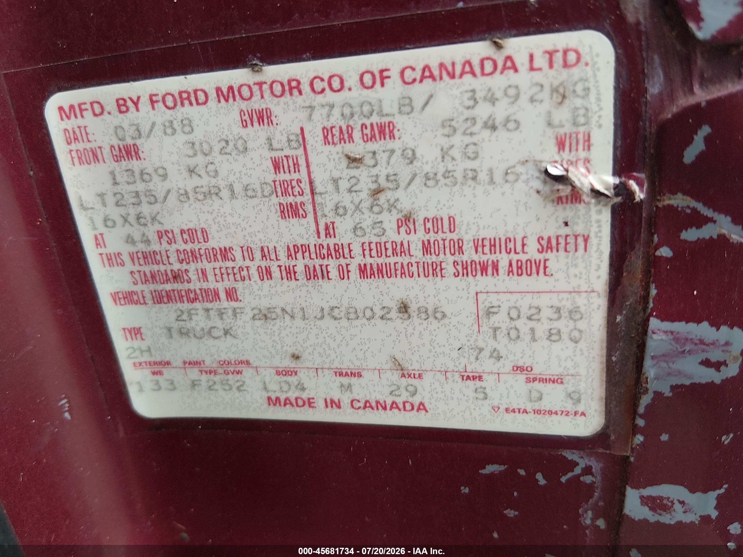 1988 Ford F250   Red vin: 2FTFF25N1JCB02586