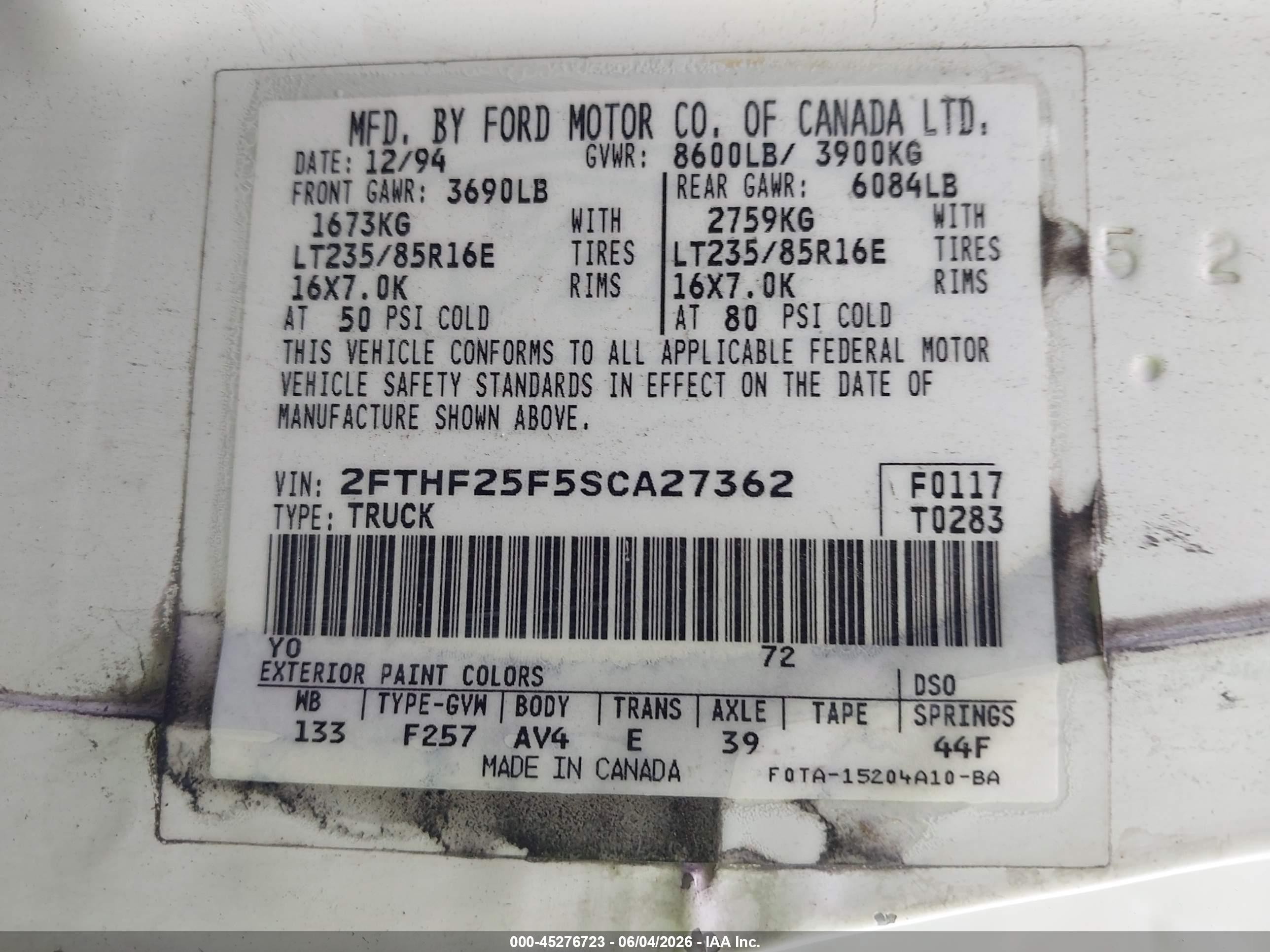 1995 Ford F250   White vin: 2FTHF25F5SCA27362