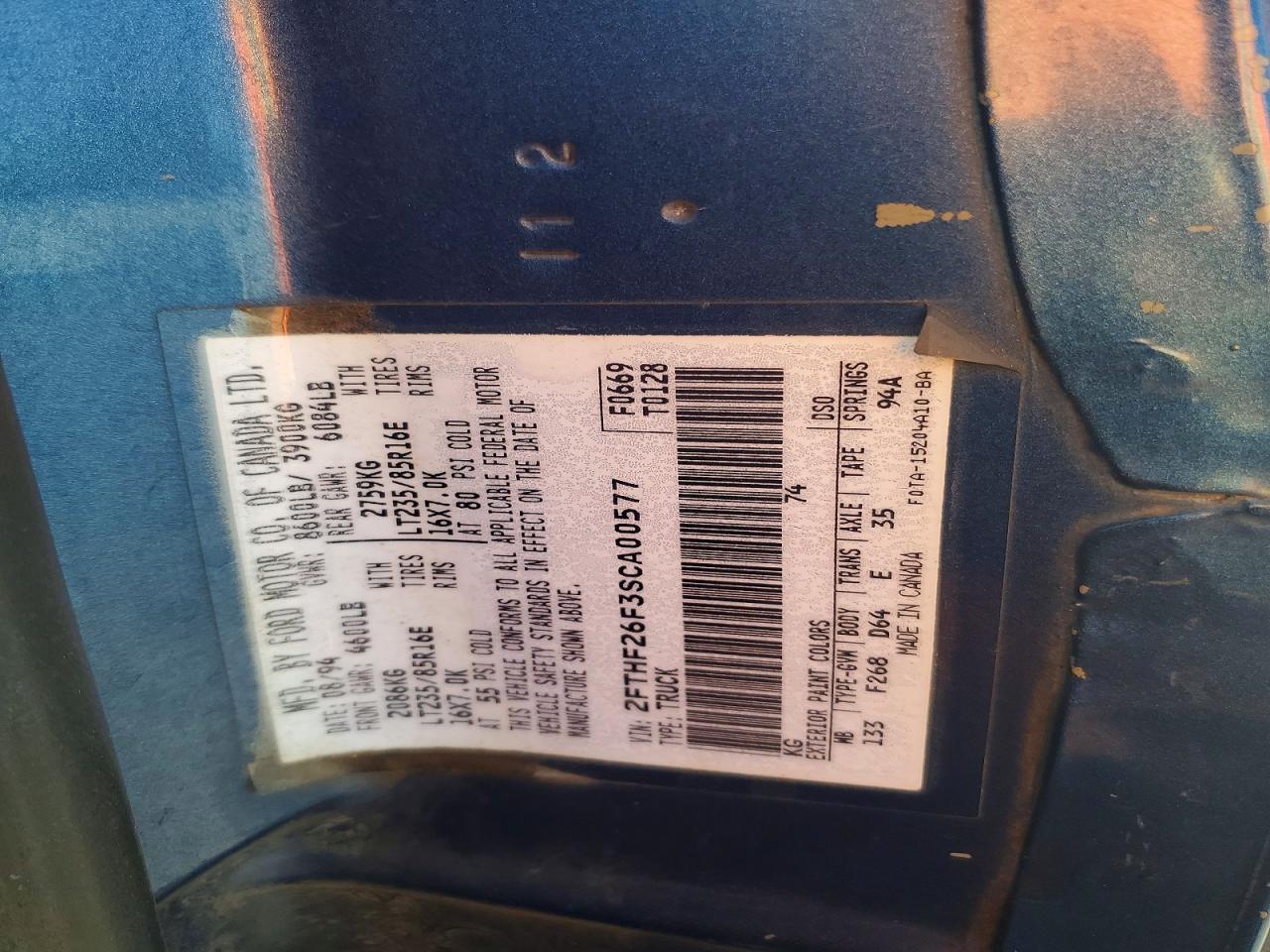 1995 Ford F250 Blue vin: 2FTHF26F3SCA00577