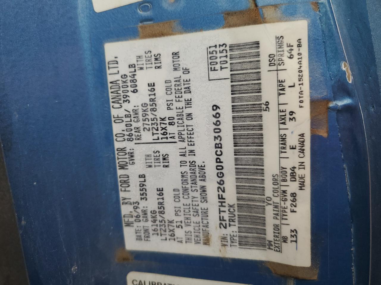 1993 Ford F250 Blue vin: 2FTHF26G0PCB30669