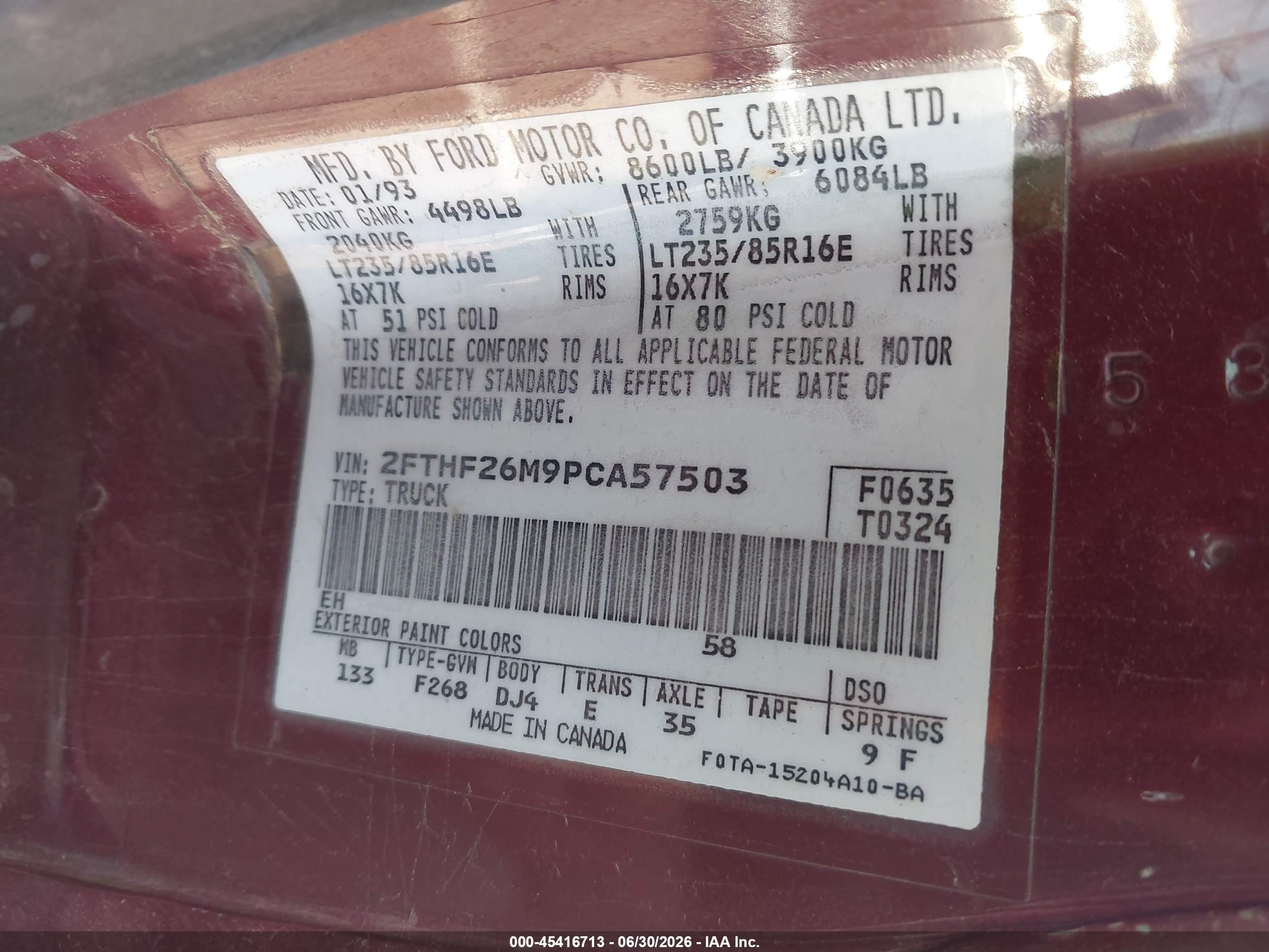 1993 Ford F250   Red vin: 2FTHF26M9PCA57503