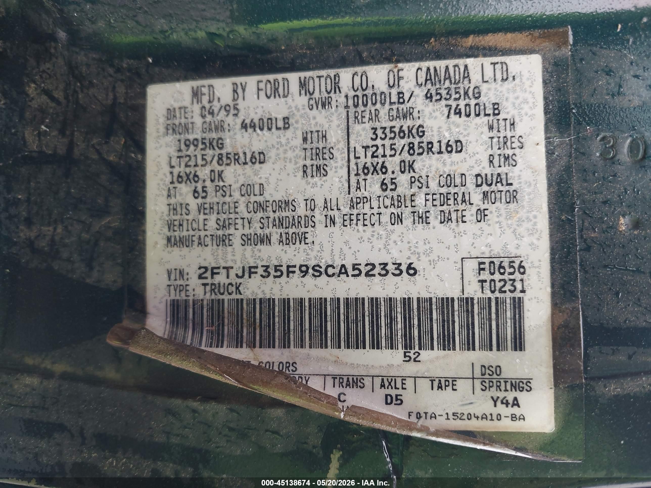1995 Ford F350   Green vin: 2FTJF35F9SCA52336