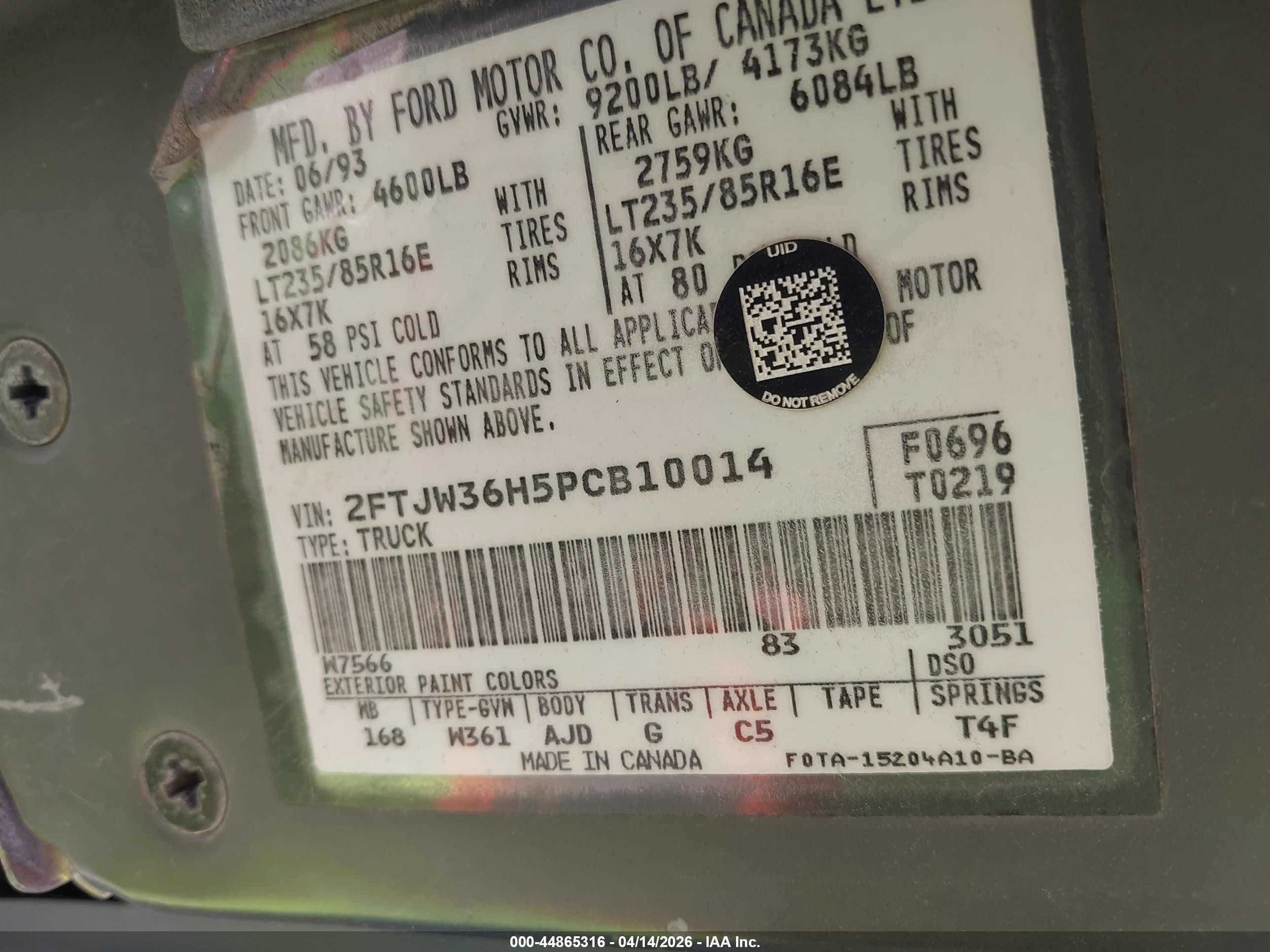 1993 Ford F350   Green vin: 2FTJW36H5PCB10014