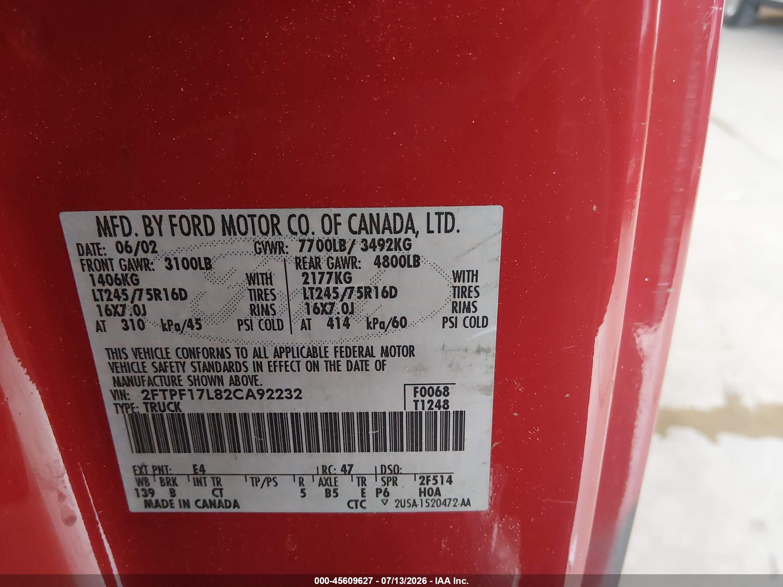 2002 Ford F-150 Xl/xlt Red vin: 2FTPF17L82CA92232