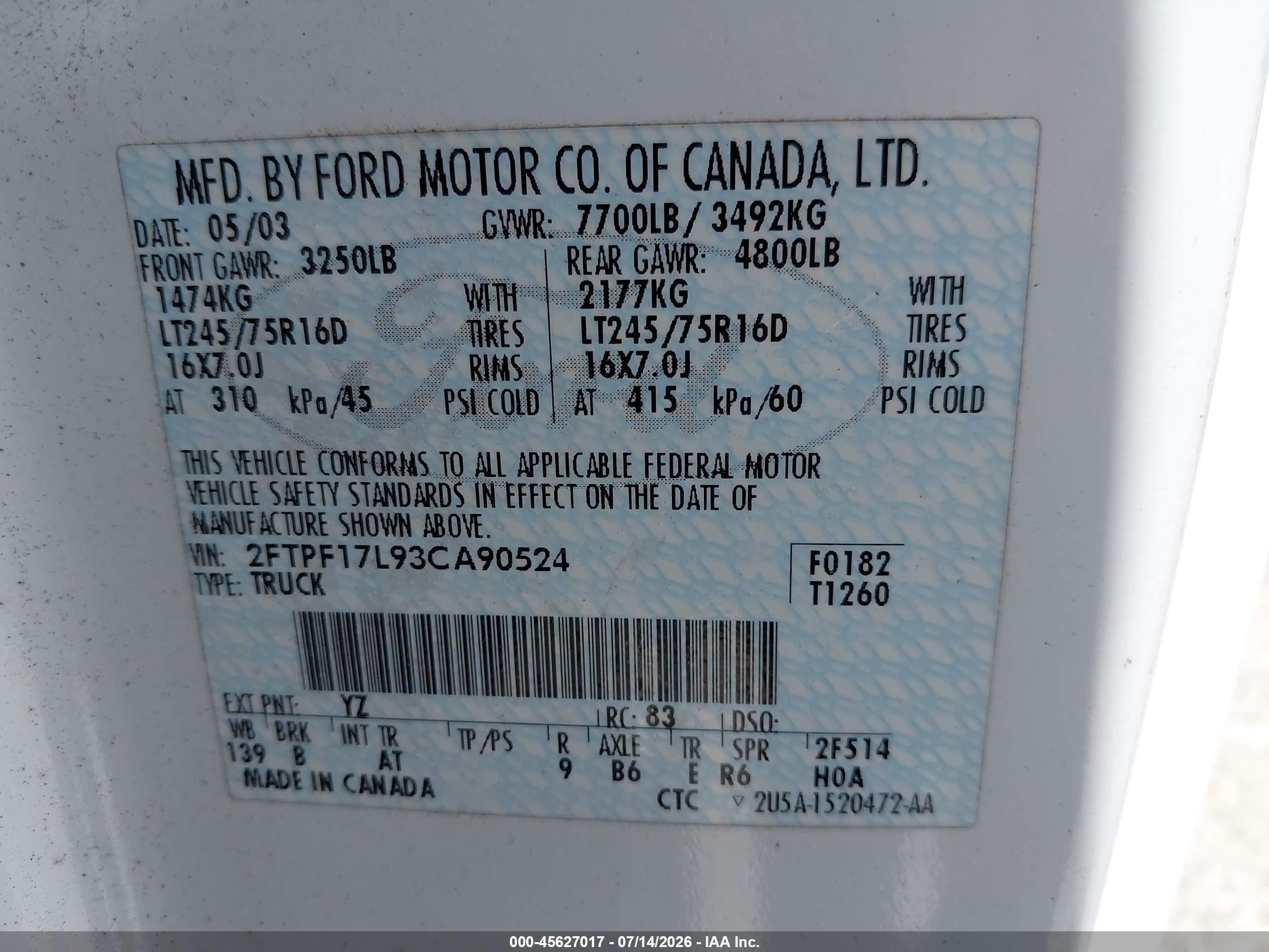 2003 Ford F-150 Xl/xlt White vin: 2FTPF17L93CA90524