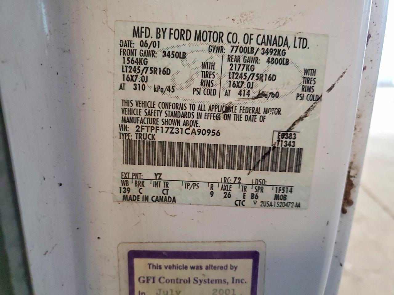 2001 Ford F150 White vin: 2FTPF17Z31CA90956