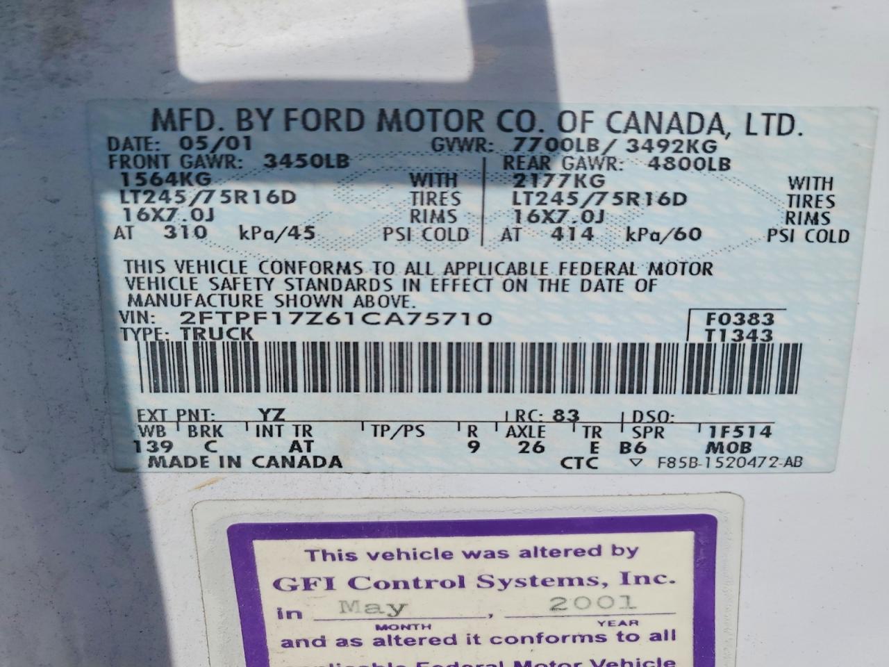 2001 Ford F-150 White vin: 2FTPF17Z61CA75710