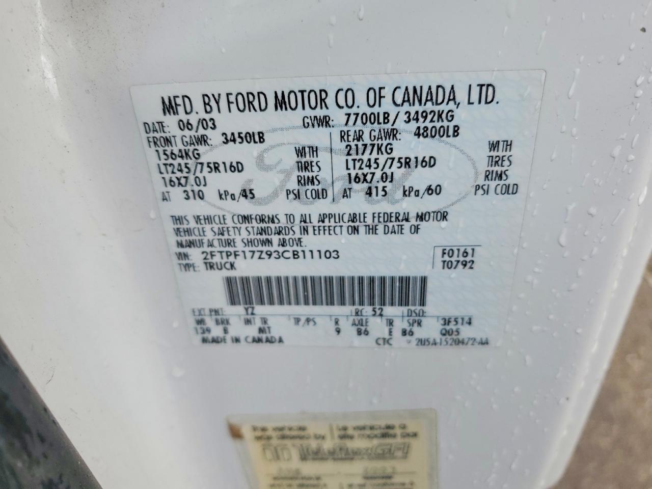2003 Ford F150 White vin: 2FTPF17Z93CB11103