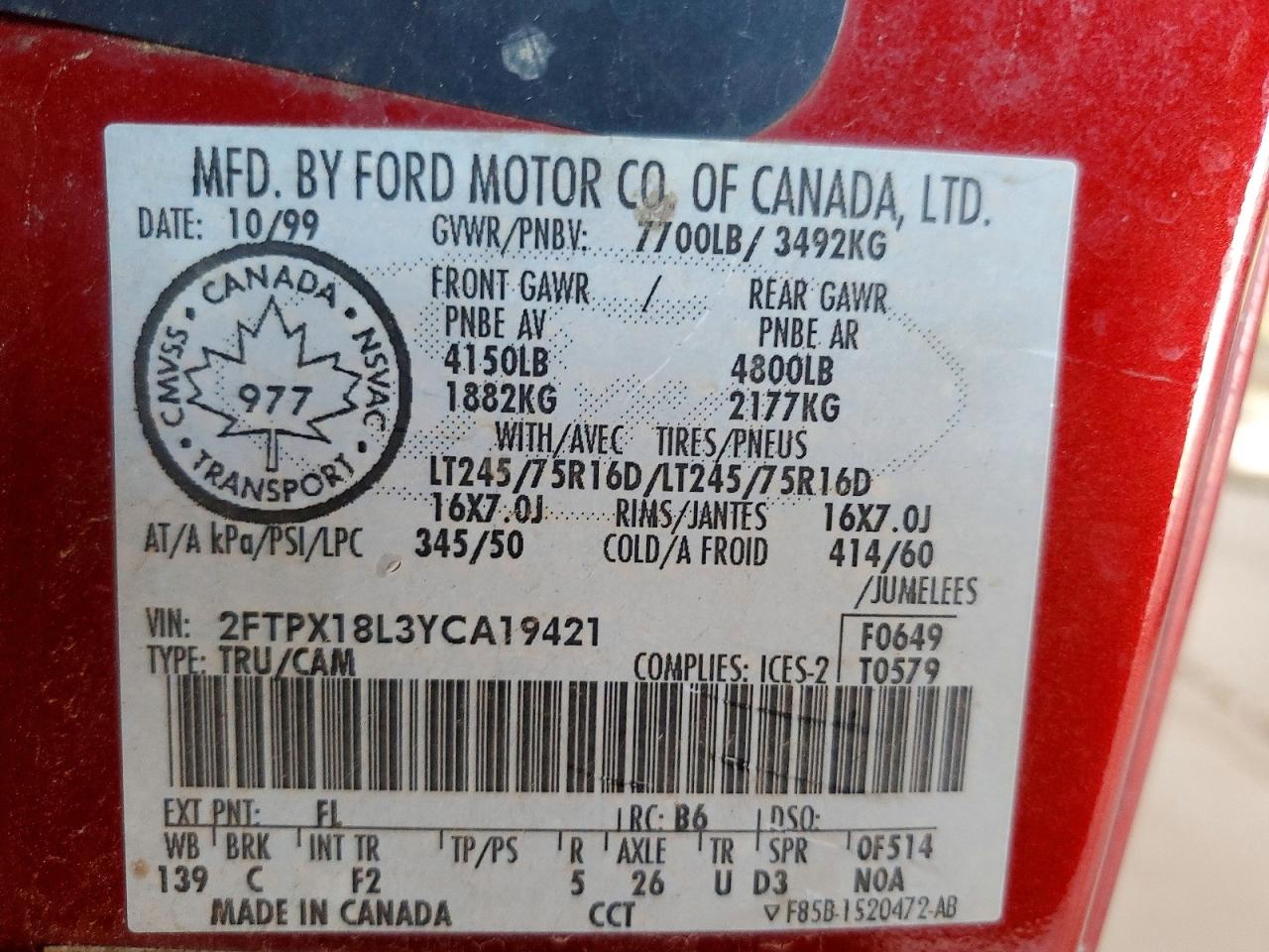 2000 Ford F150 Burgundy vin: 2FTPX18L3YCA19421