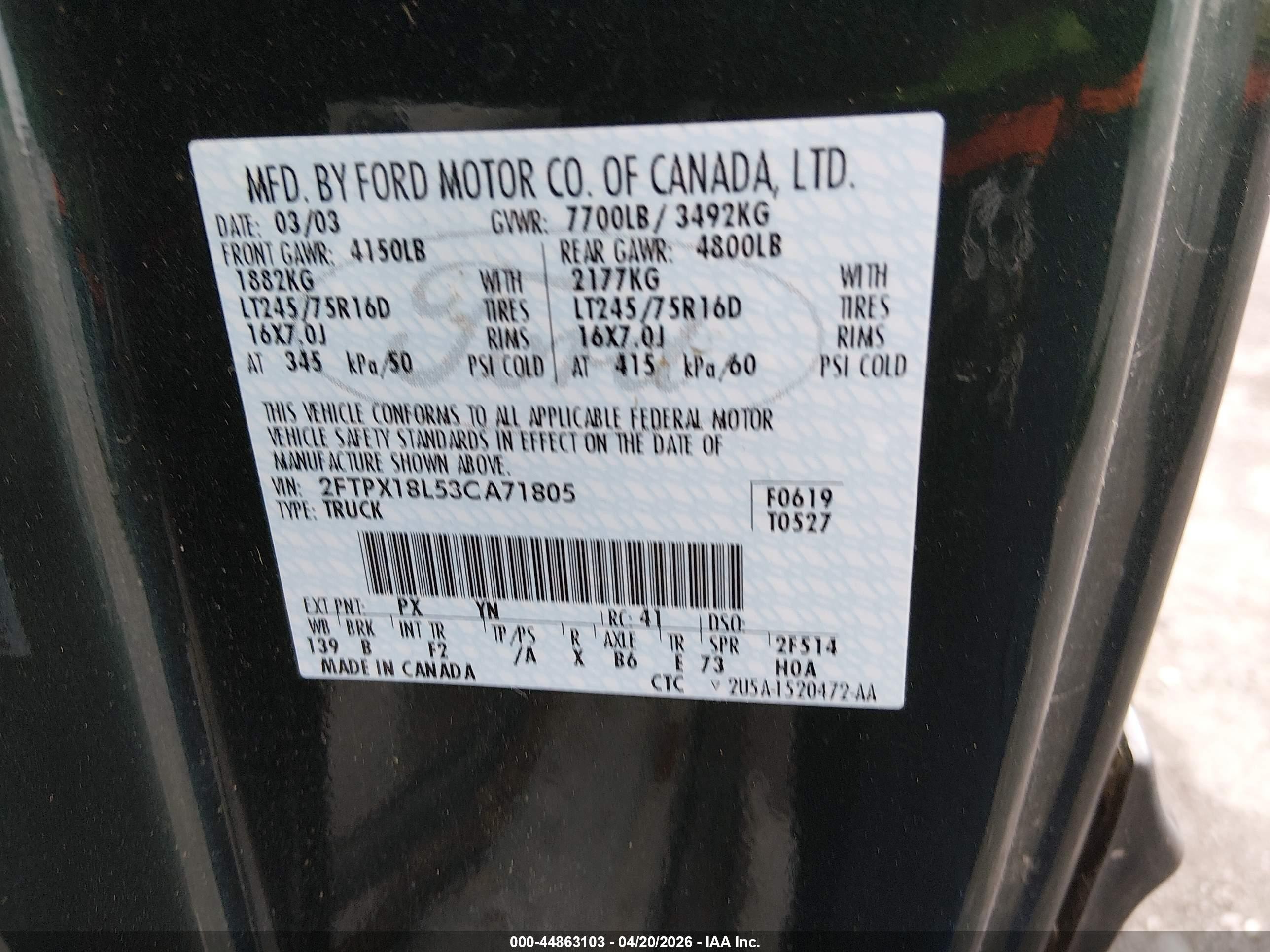 2003 Ford F-150 Lariat/xl/xlt Зеленый vin: 2FTPX18L53CA71805