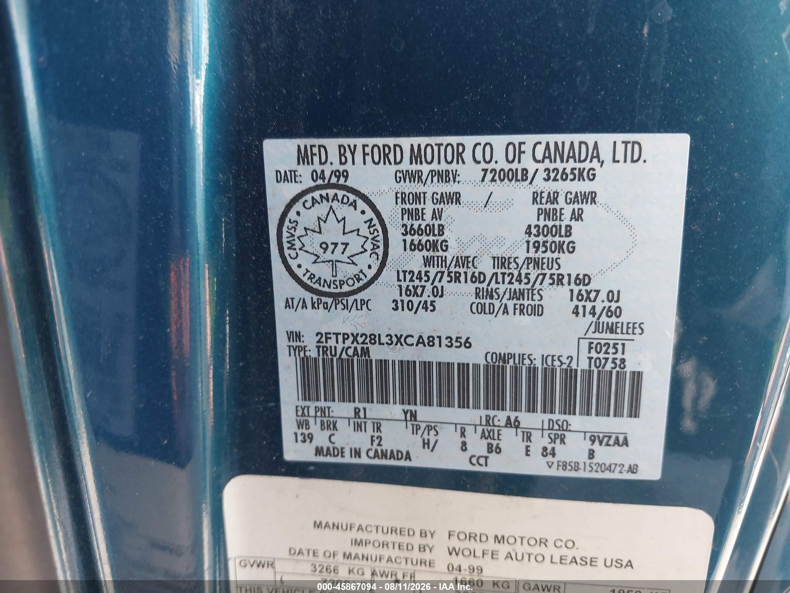 1999 Ford F-250 Lariat/work Series/xl/xlt Blue vin: 2FTPX28L3XCA81356