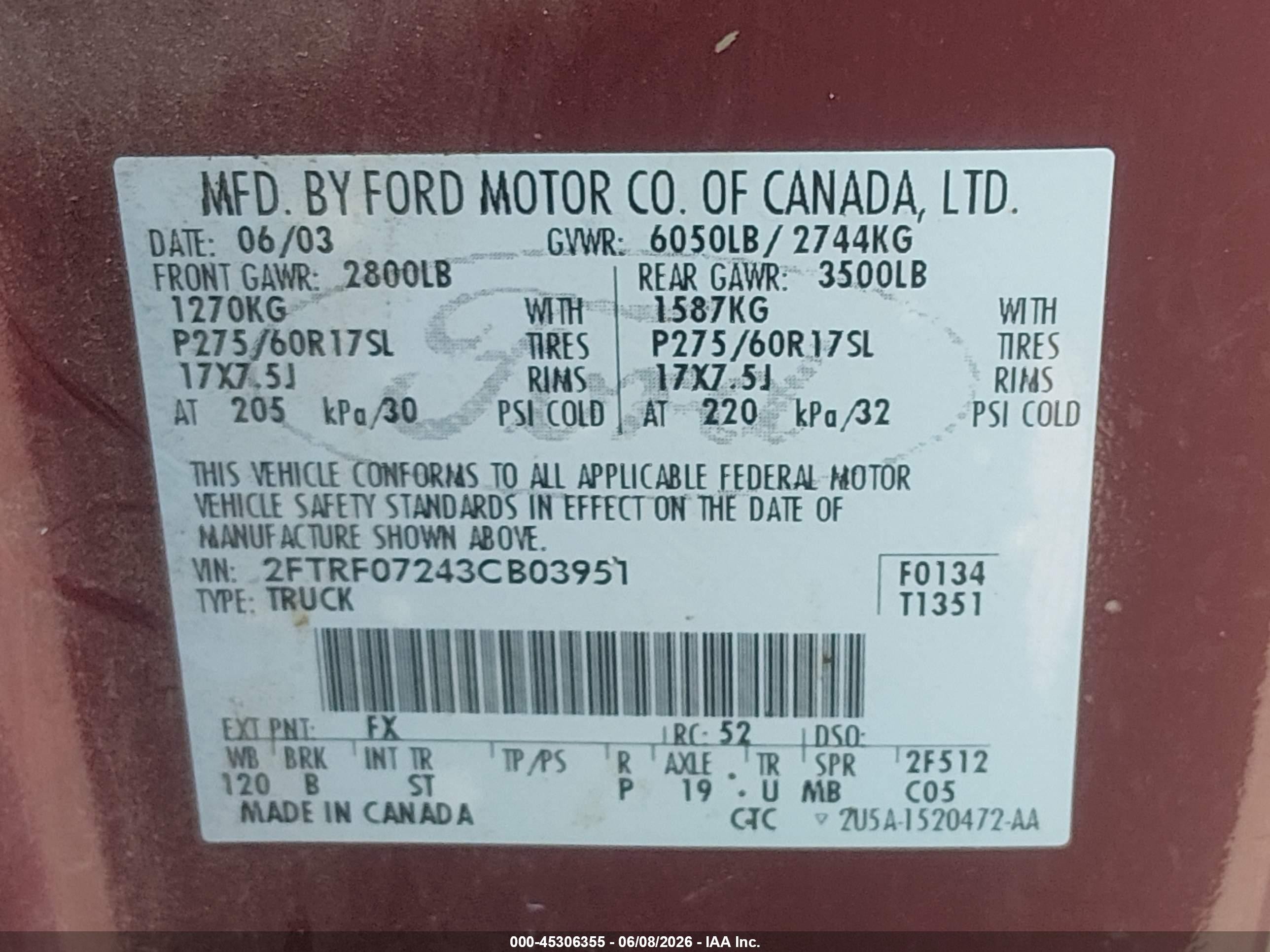 2003 Ford F-150 Xl/xlt Red vin: 2FTRF07243CB03951