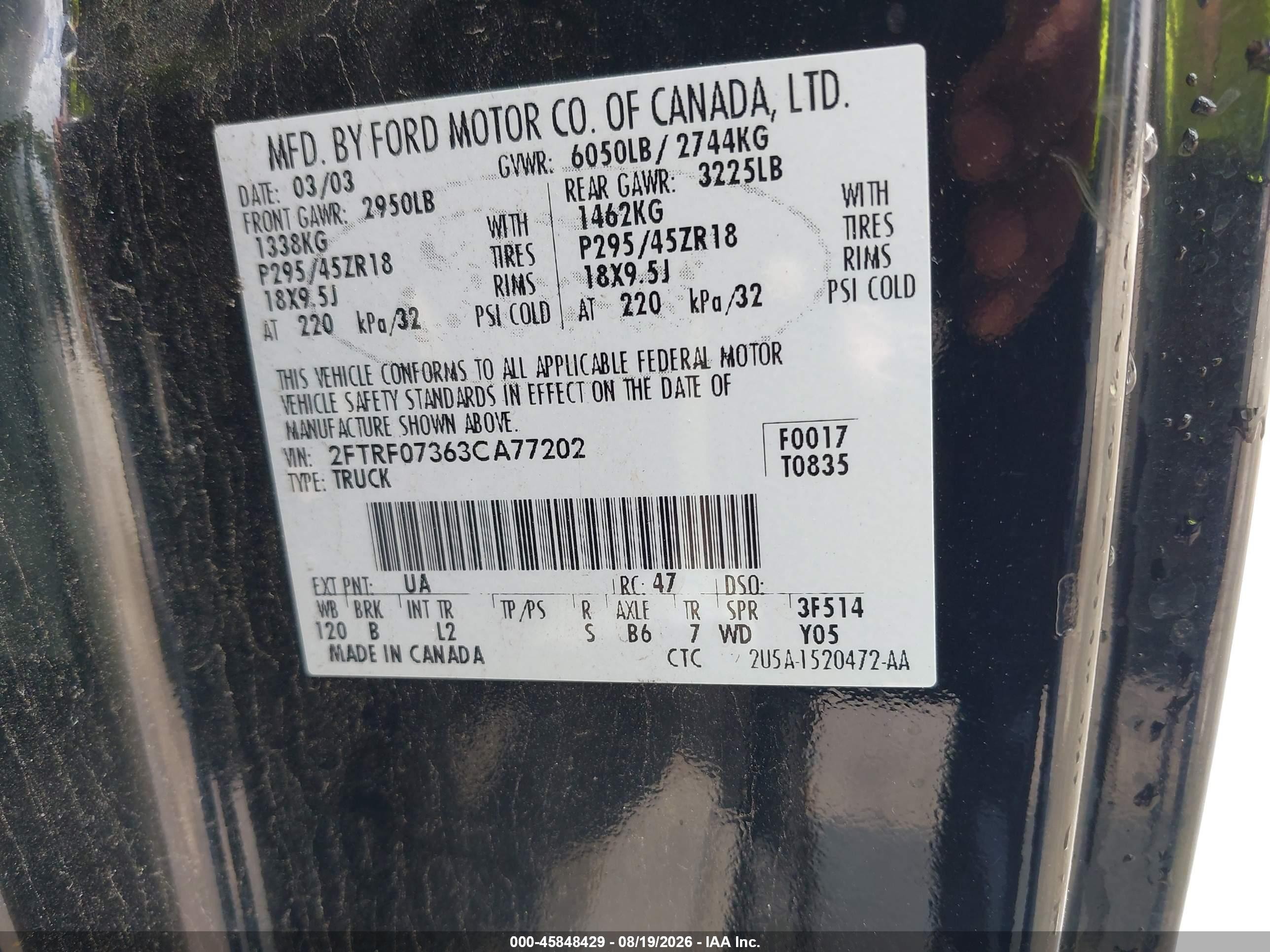2003 Ford F-150 Lightning Black vin: 2FTRF07363CA77202