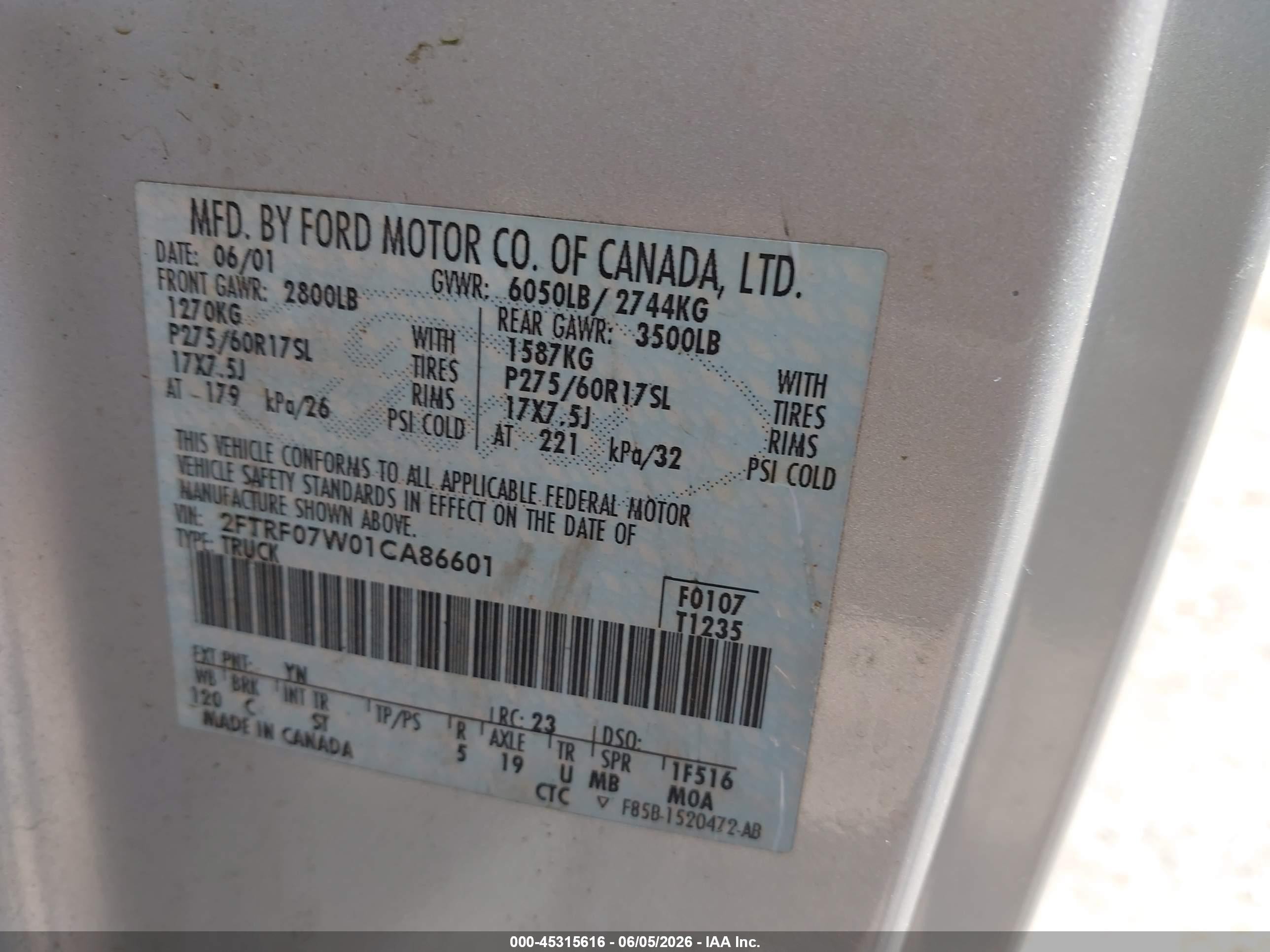 2001 Ford F-150 Xl/xlt Silver vin: 2FTRF07W01CA86601