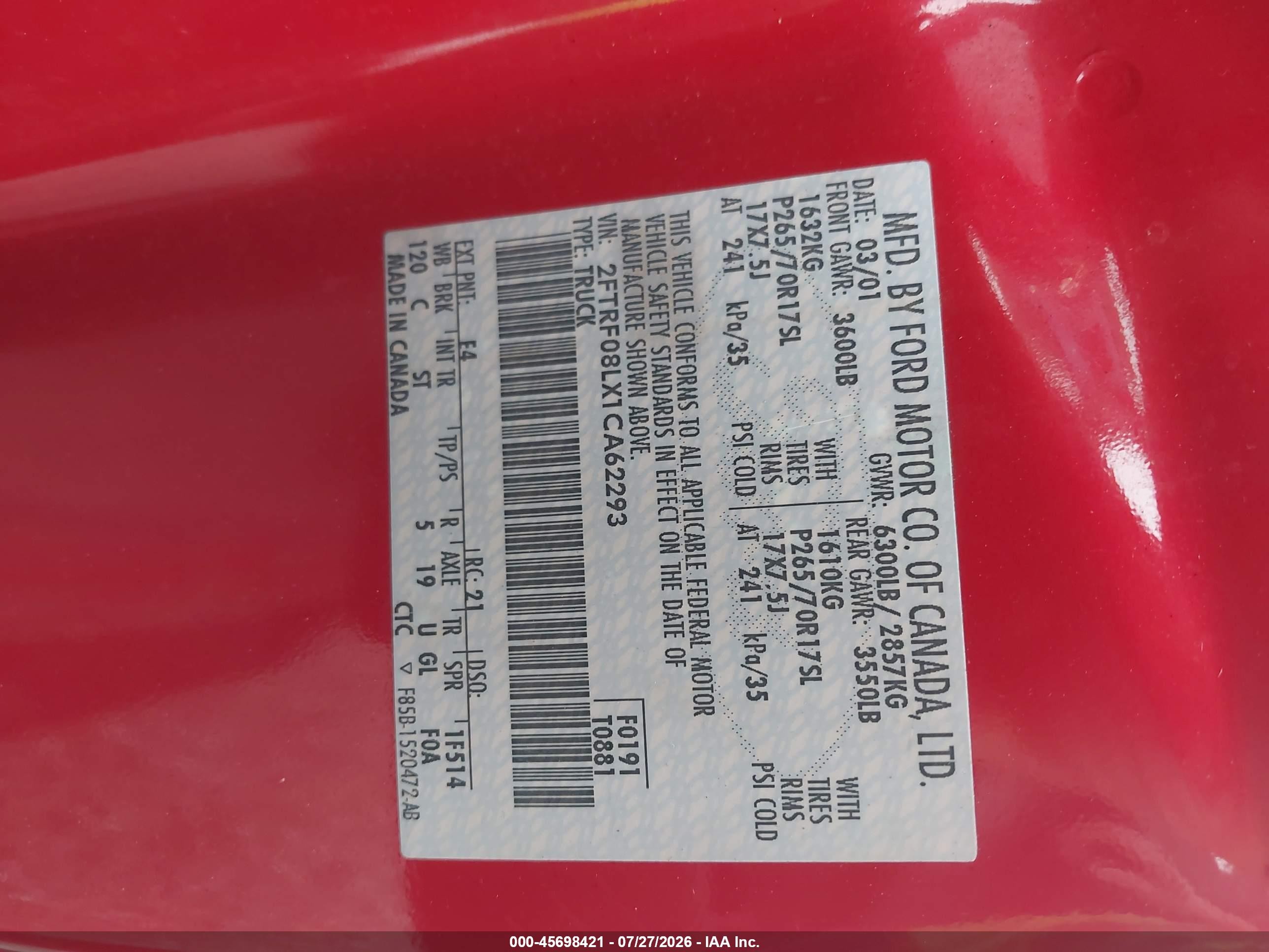 2001 Ford F-150 Xl/xlt Red vin: 2FTRF08LX1CA62293