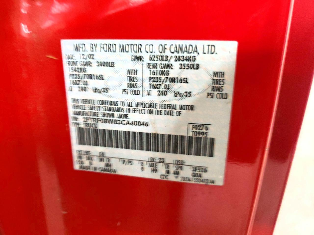 2003 Ford F150 Red vin: 2FTRF08W83CA40046