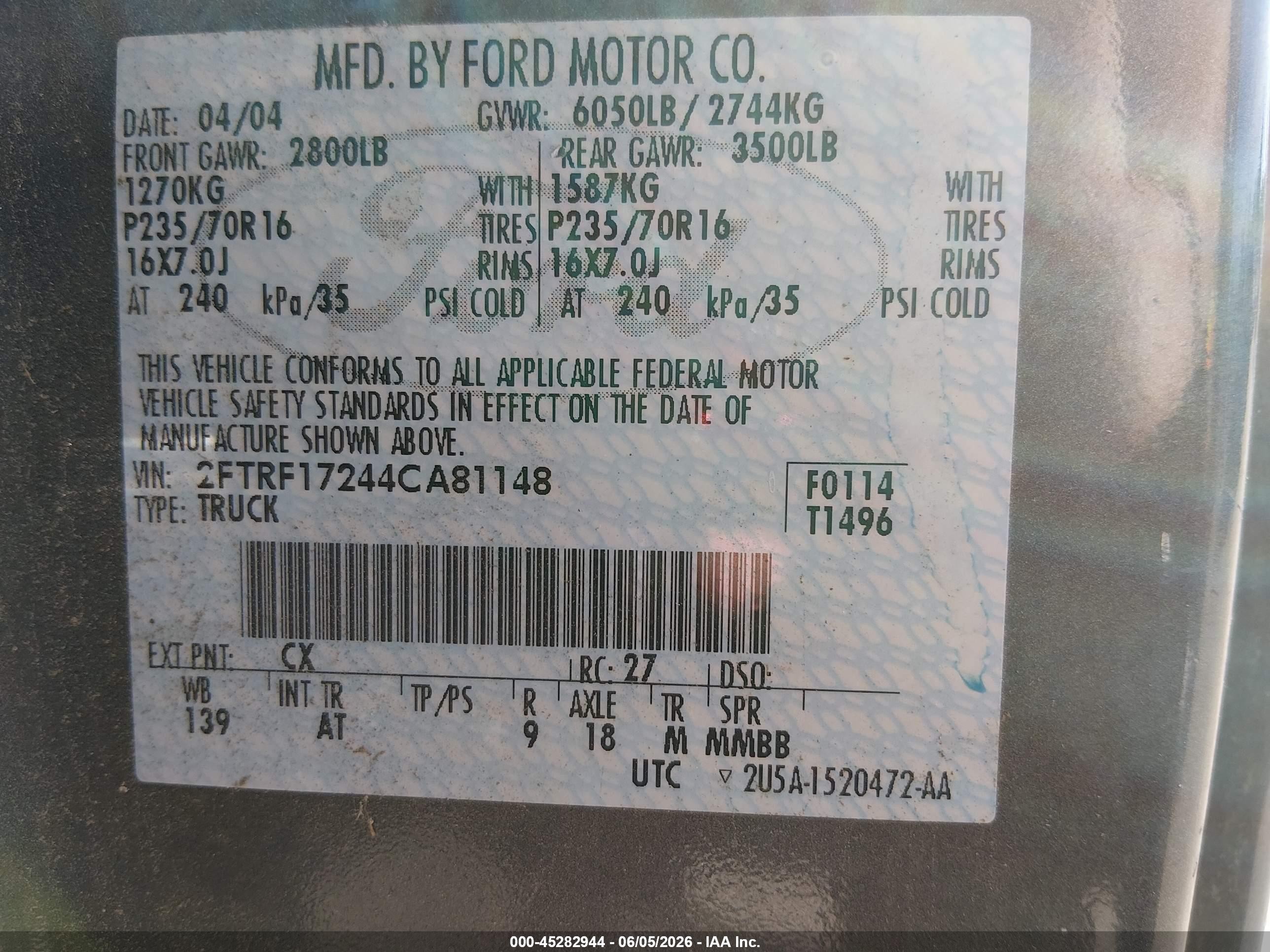 2004 Ford F-150 Heritage Xl/xlt Gray vin: 2FTRF17244CA81148