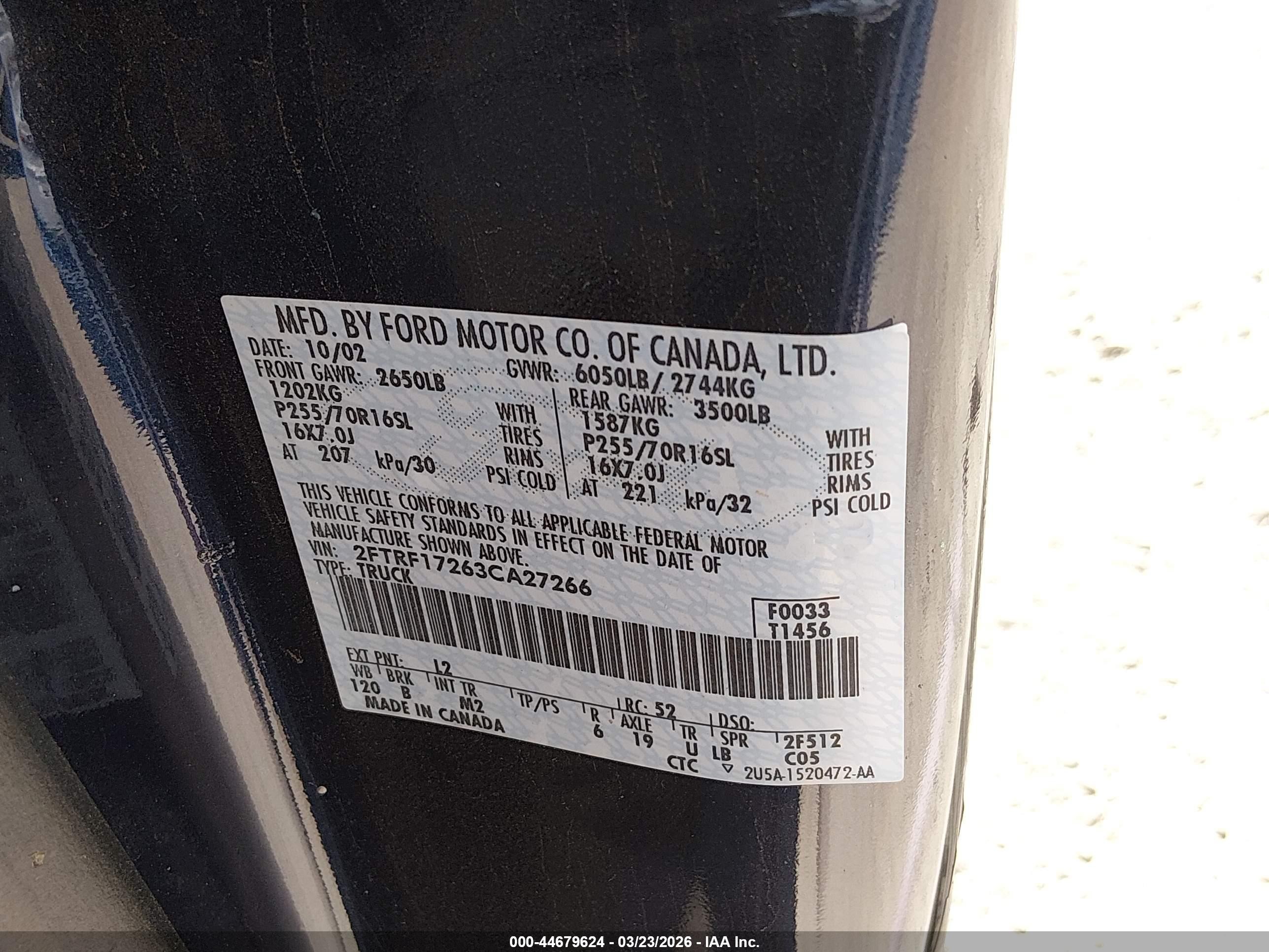 2003 Ford F-150 Xl/xlt Blue vin: 2FTRF17263CA27266