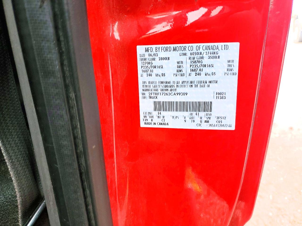 2003 Ford F150 Red vin: 2FTRF17263CA99309