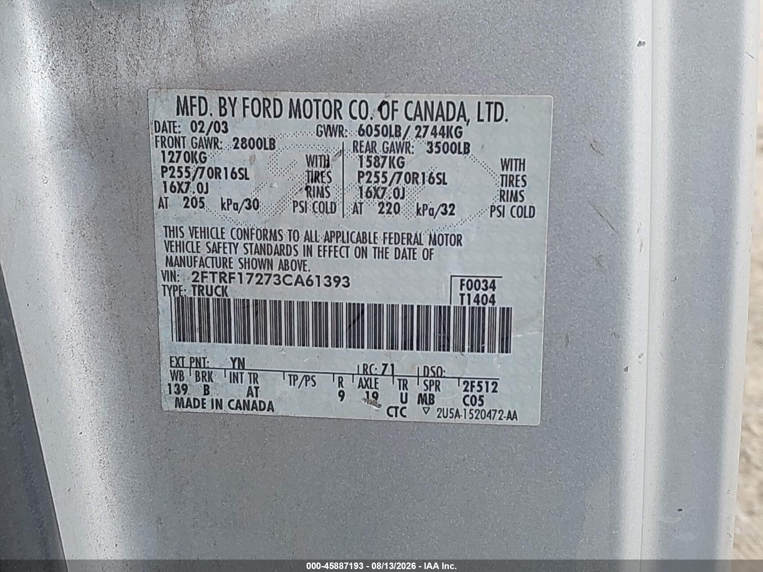 2003 Ford F-150 Xl/xlt Gray vin: 2FTRF17273CA61393