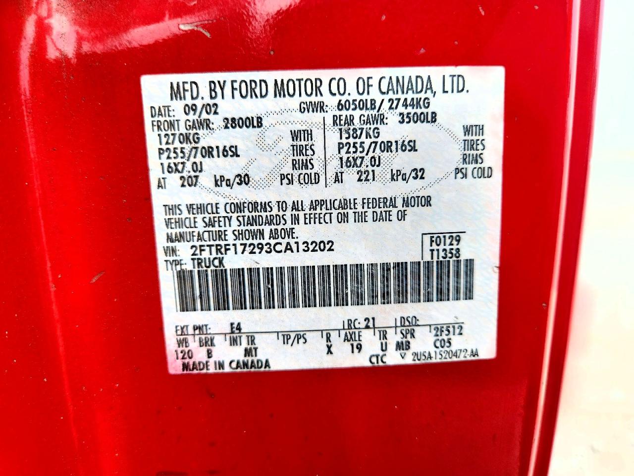 2003 Ford F150 Red vin: 2FTRF17293CA13202