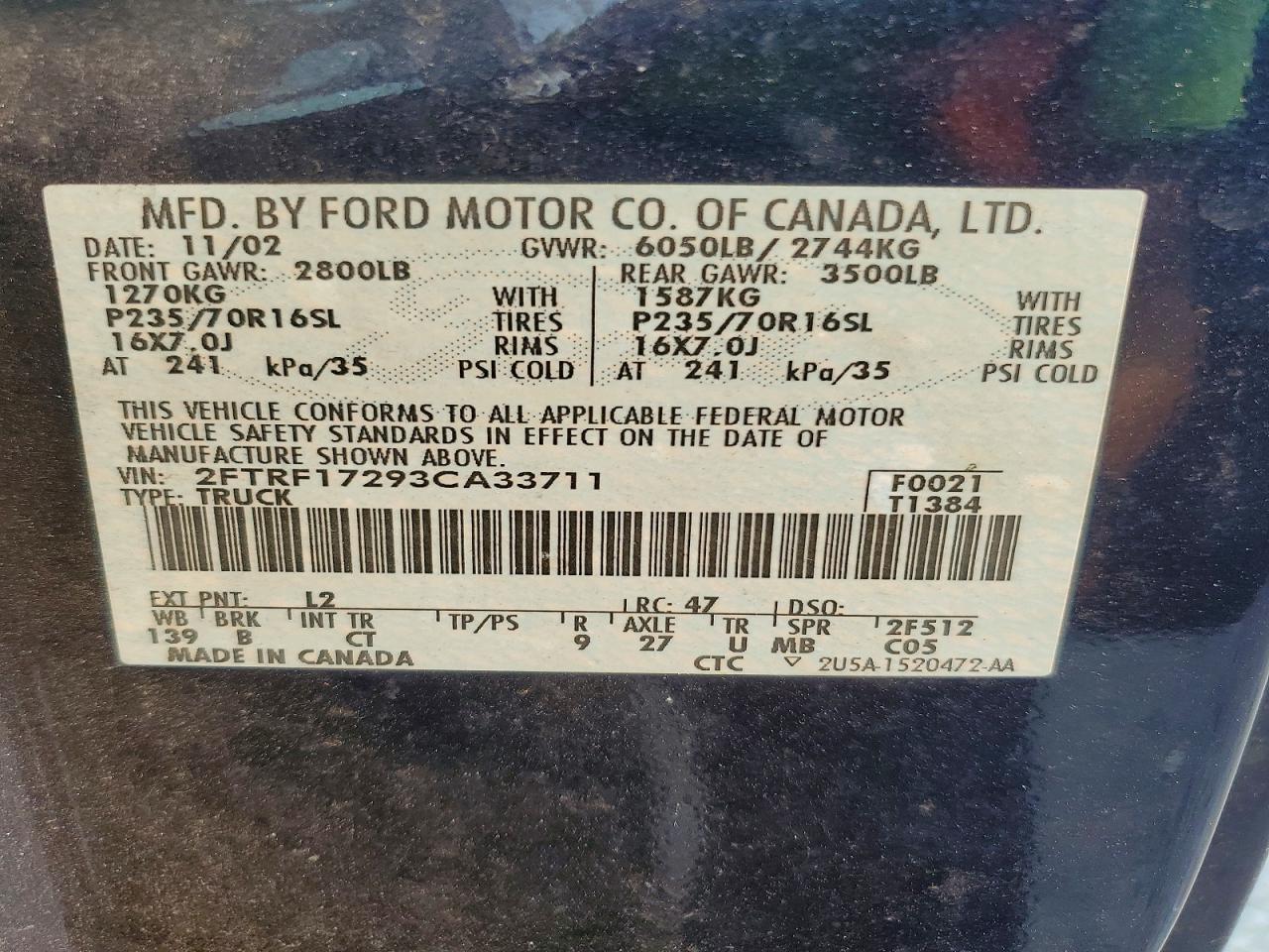 2003 Ford F150 Blue vin: 2FTRF17293CA33711
