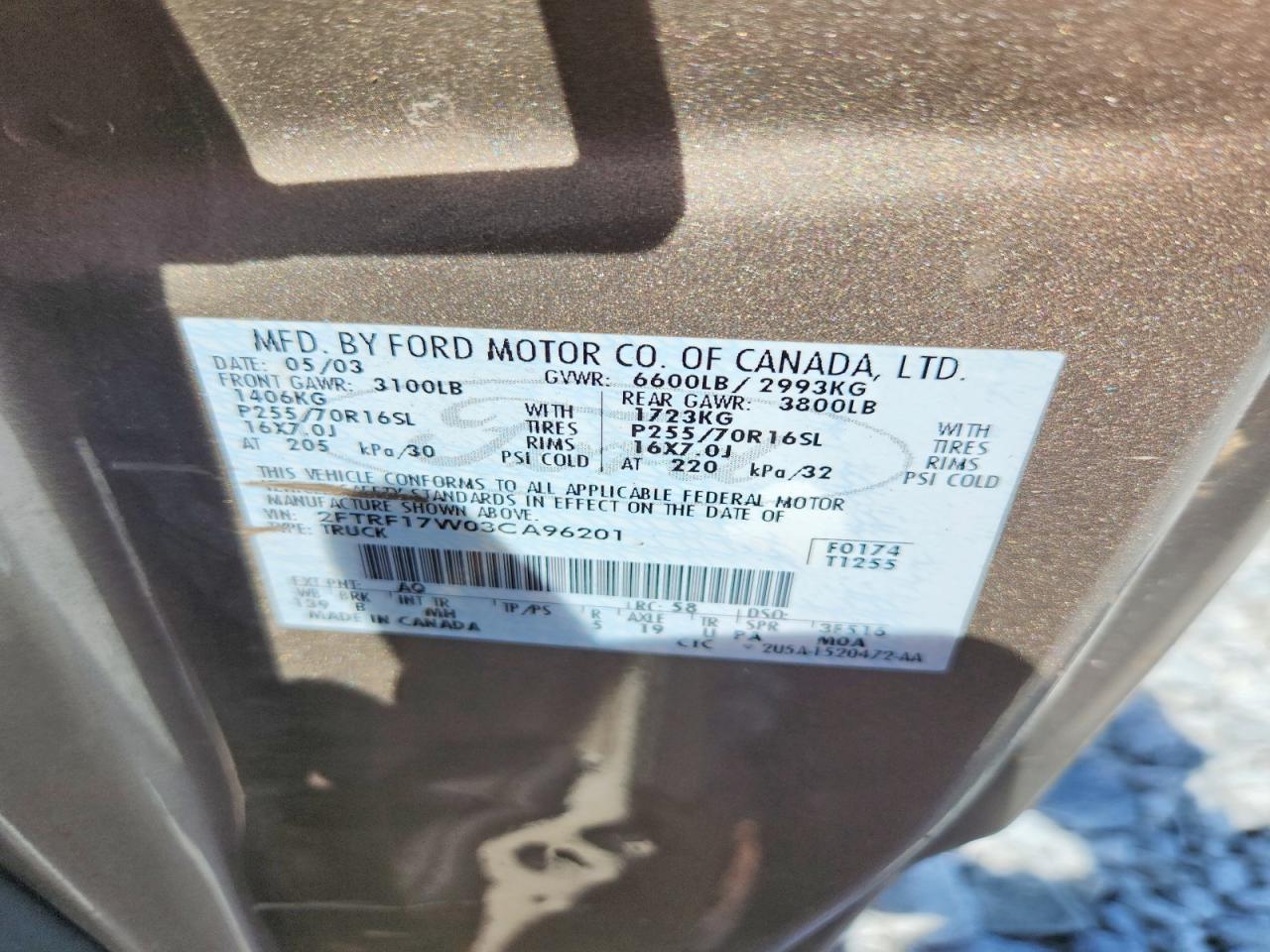 2003 Ford F150 Tan vin: 2FTRF17W03CA96201