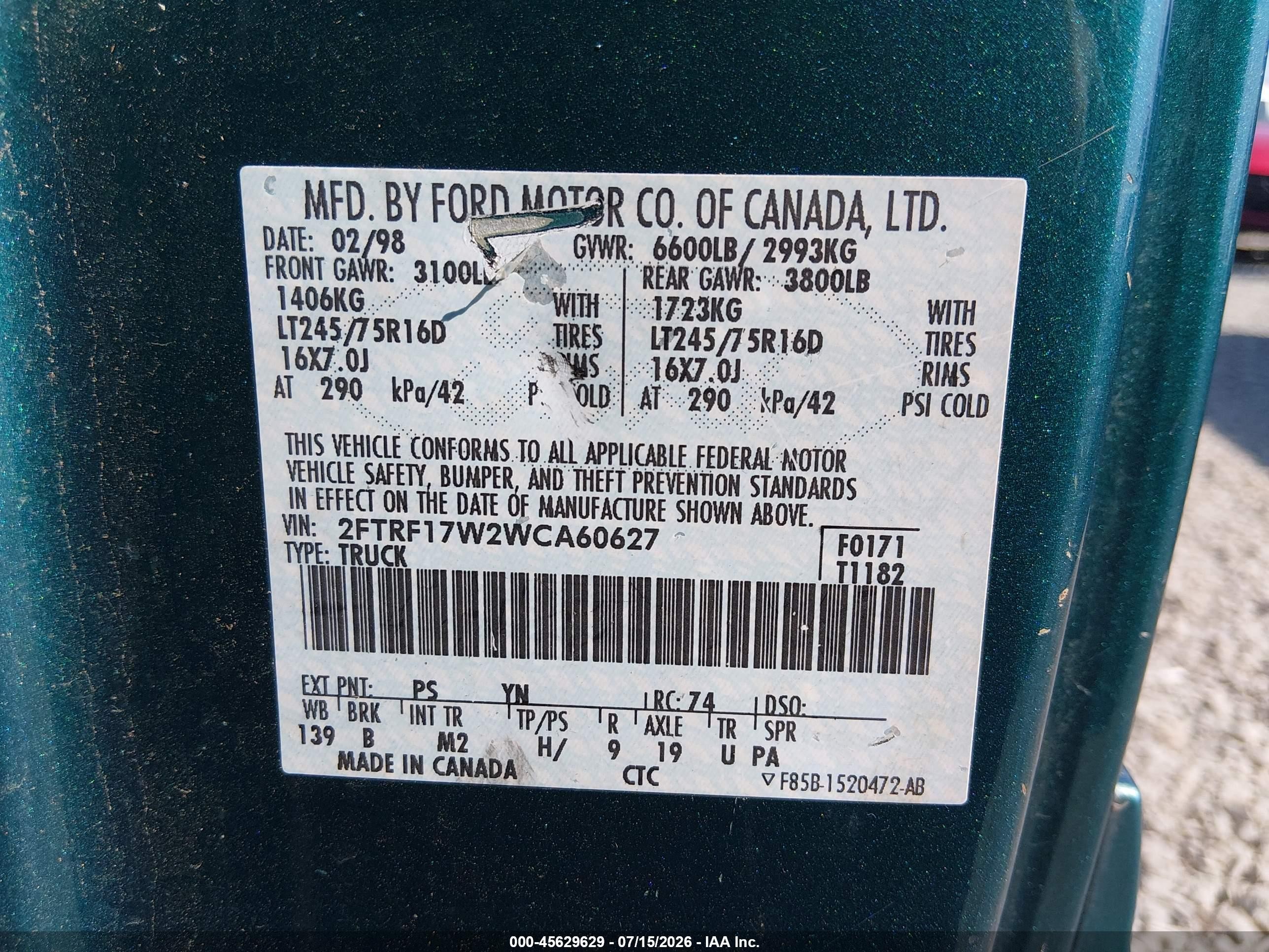 1998 Ford F-150 Lariat/standard/xl/xlt Зеленый vin: 2FTRF17W2WCA60627
