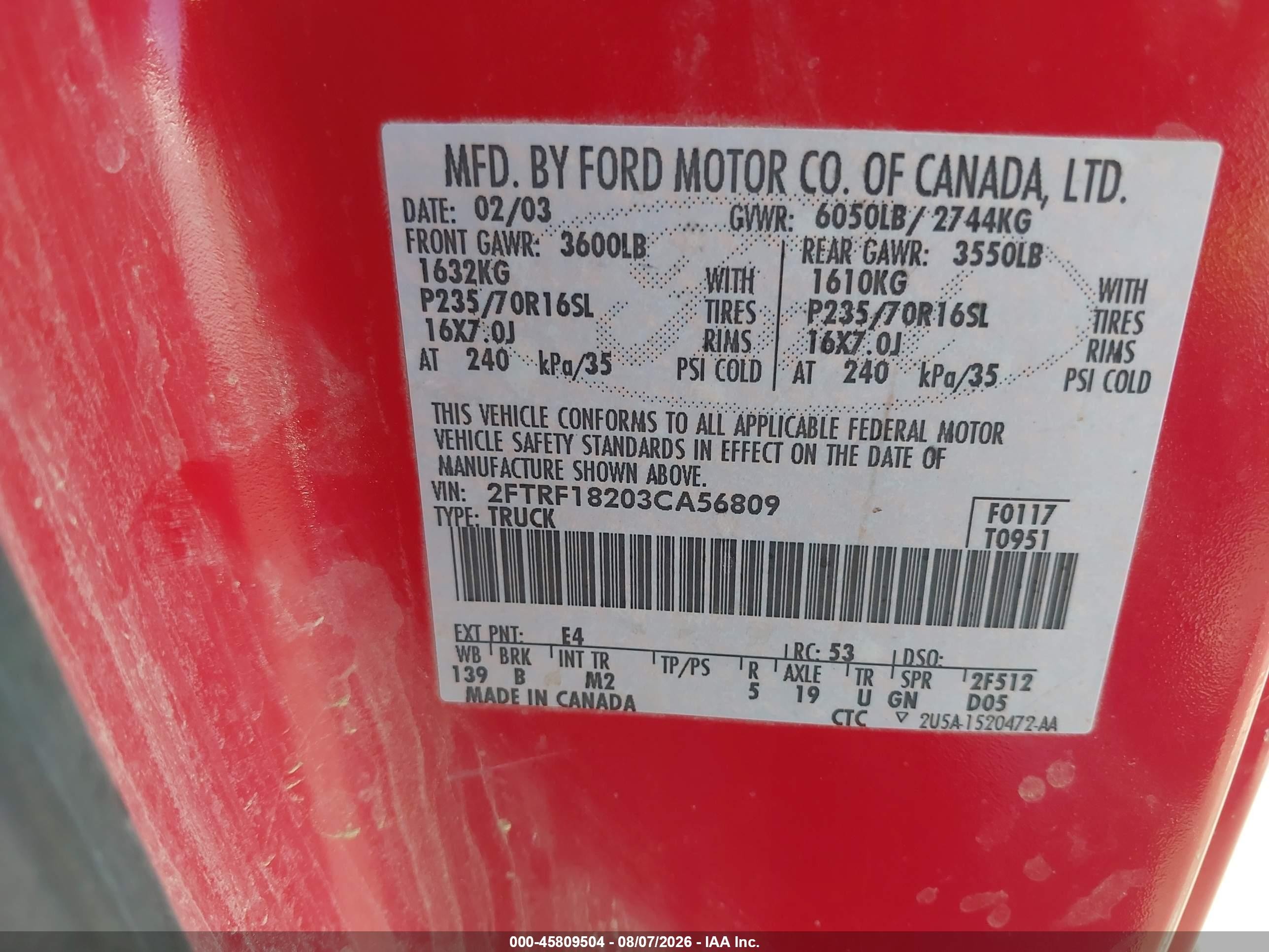 2003 Ford F-150 Xl/xlt Red vin: 2FTRF18203CA56809