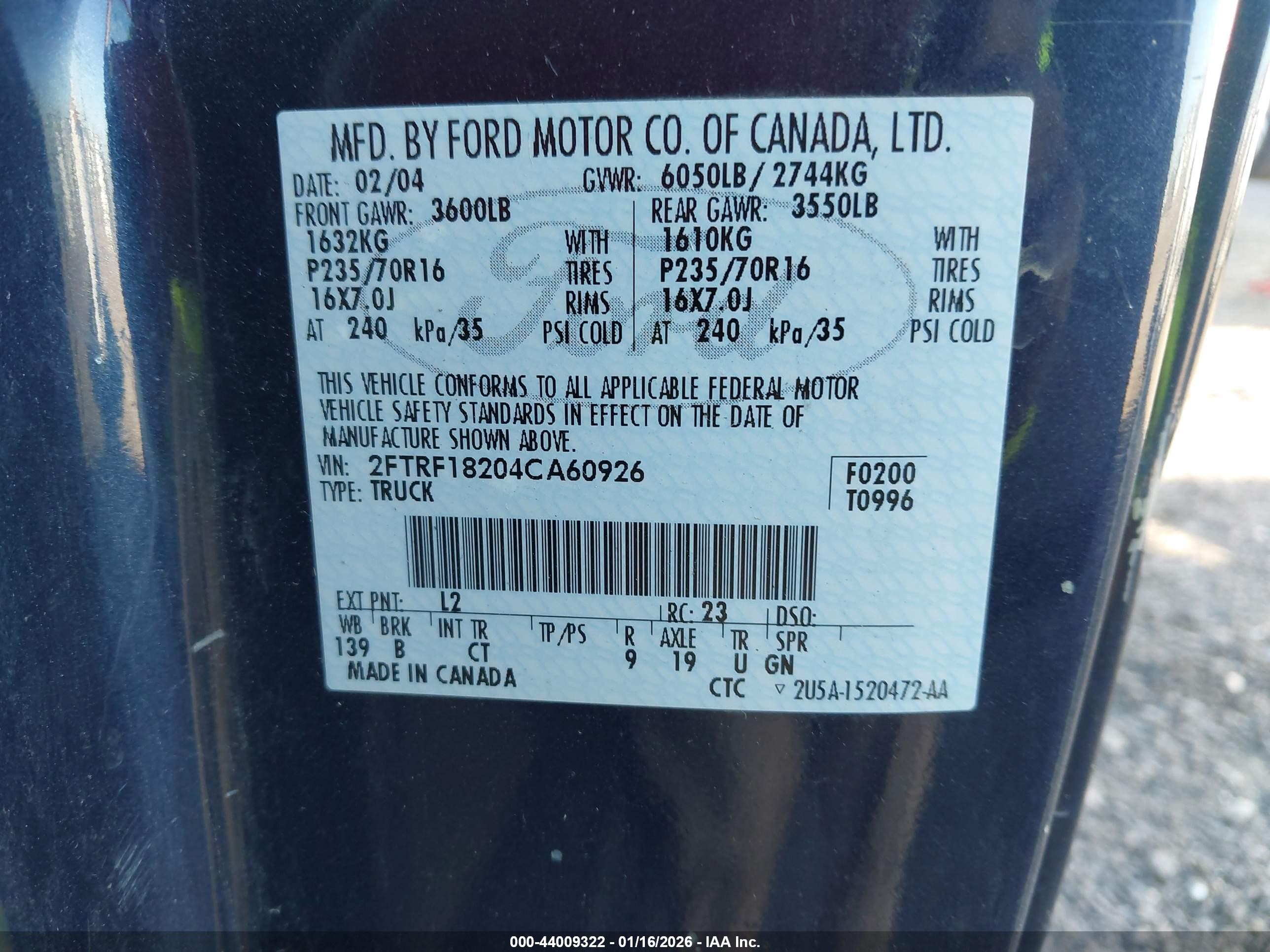2004 Ford F-150 Heritage Xl/xlt Blue vin: 2FTRF18204CA60926
