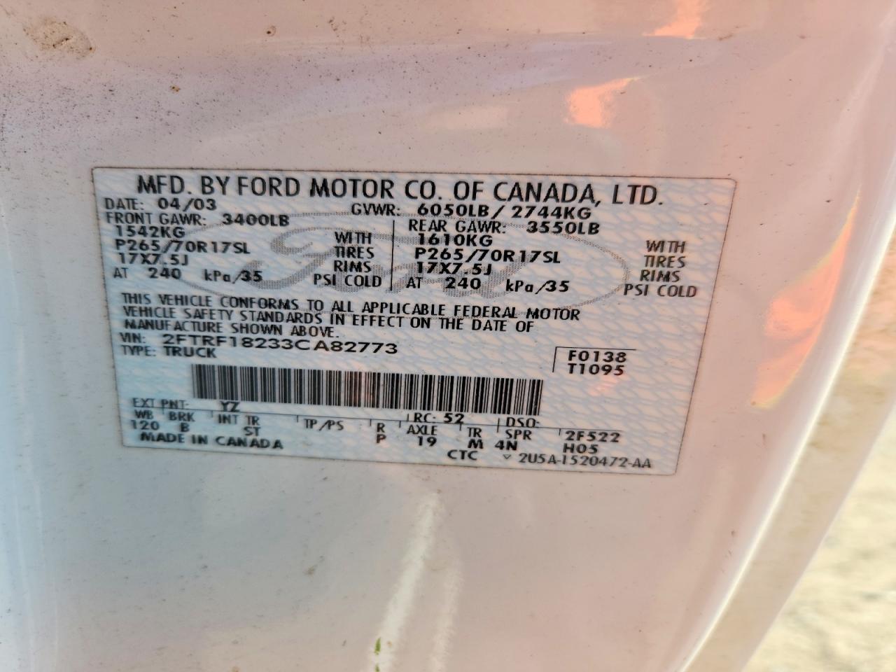 2003 Ford F150 White vin: 2FTRF18233CA82773