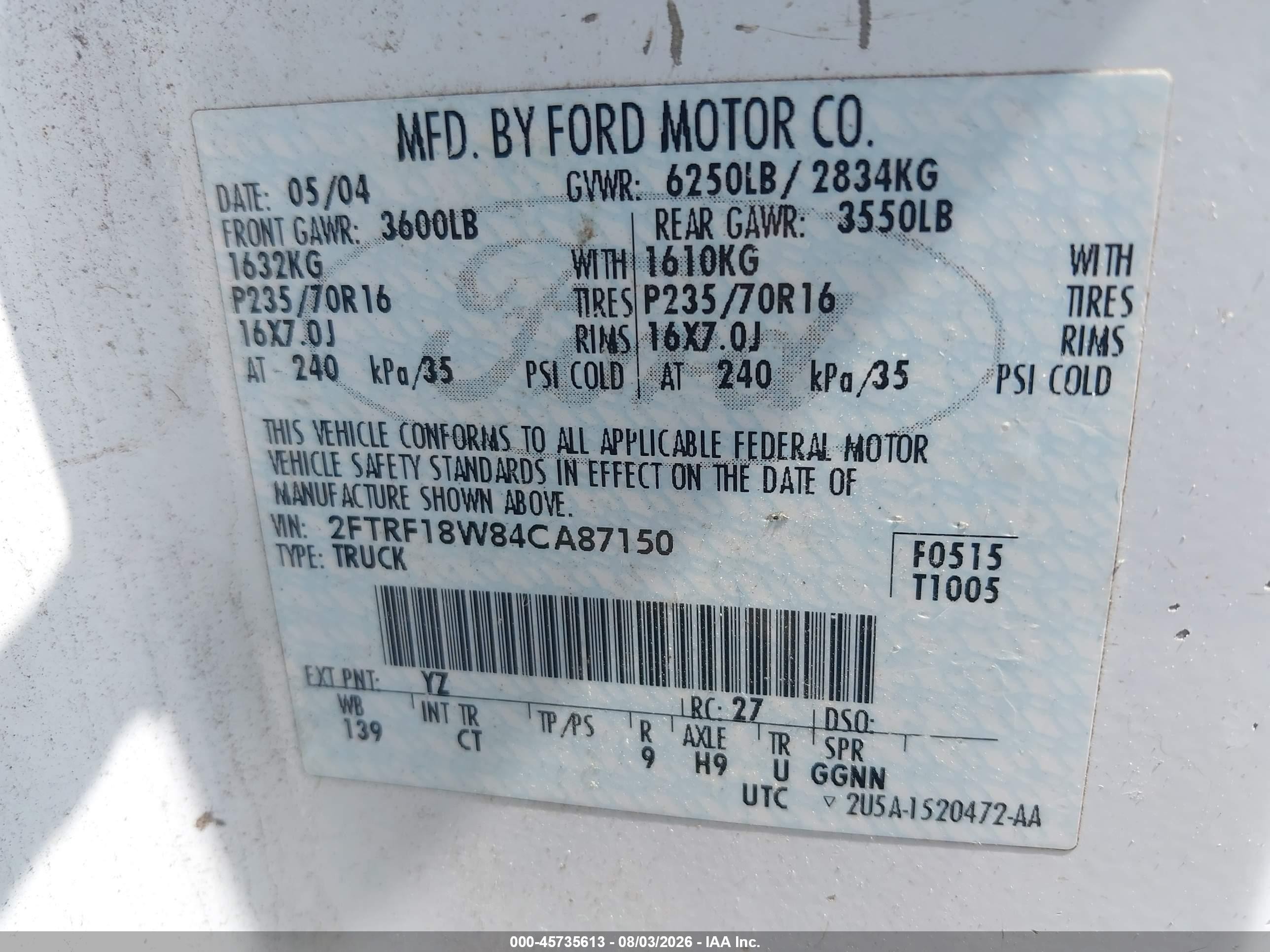 2004 Ford F-150 Heritage Xl/xlt White vin: 2FTRF18W84CA87150