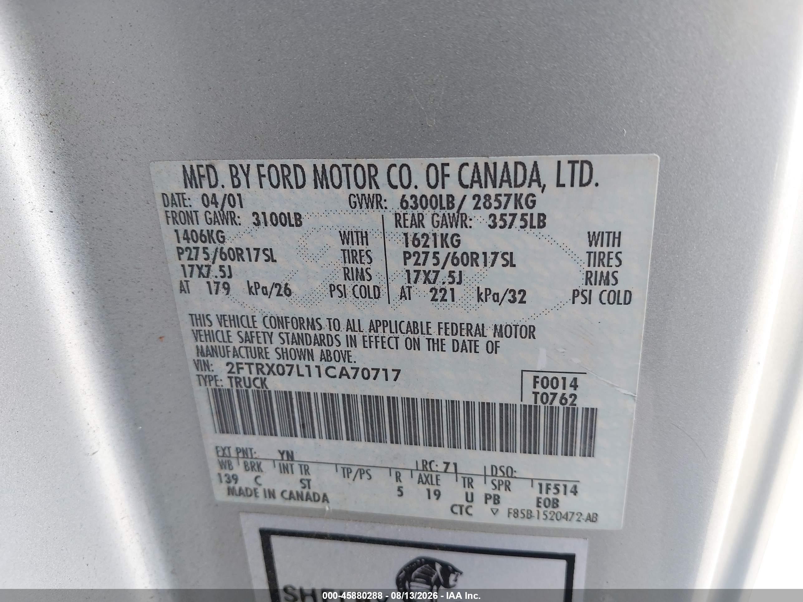 2001 Ford F-150 Lariat/xl/xlt Silver vin: 2FTRX07L11CA70717