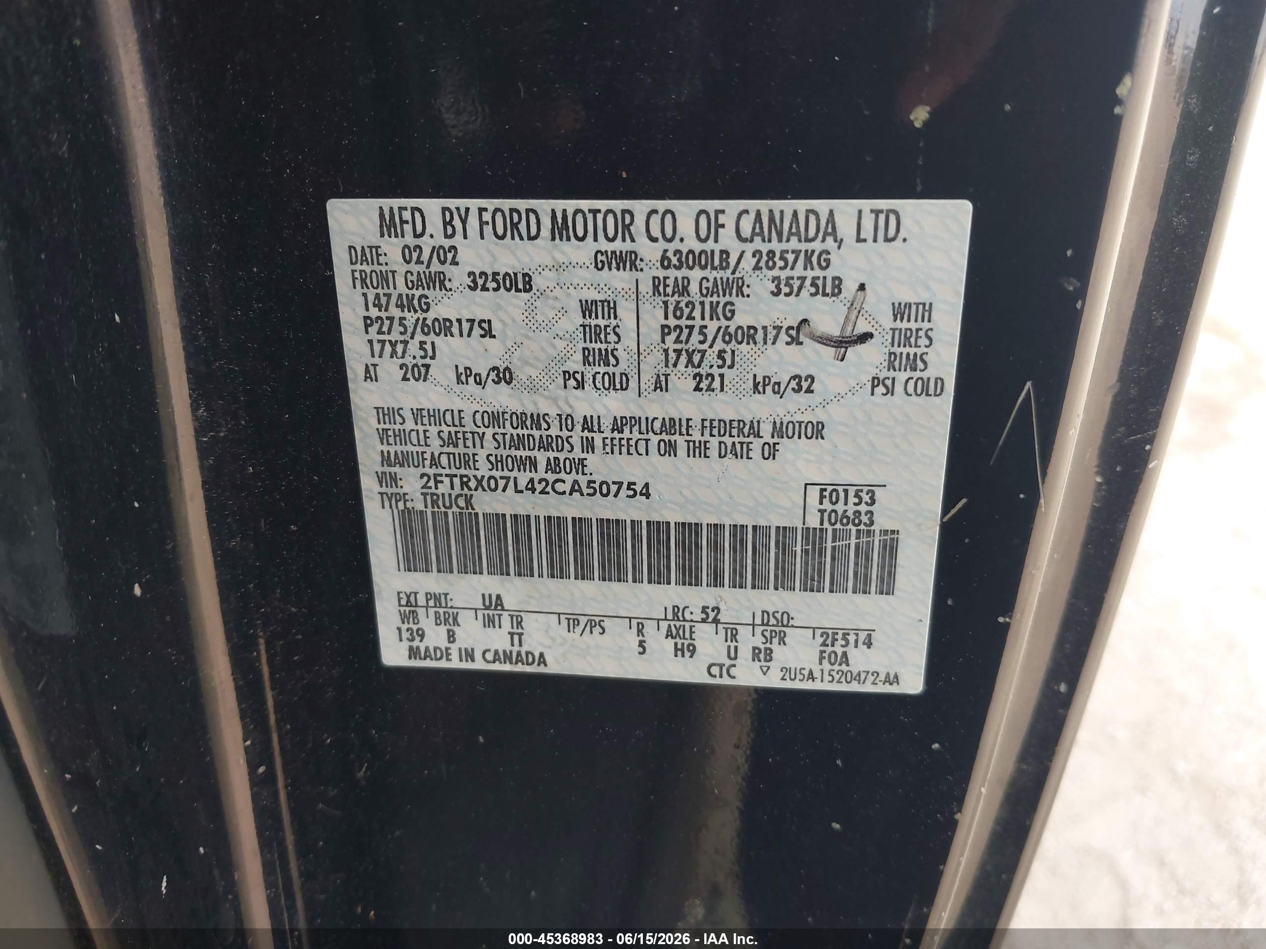 2002 Ford F-150 Lariat/xl/xlt Black vin: 2FTRX07L42CA50754
