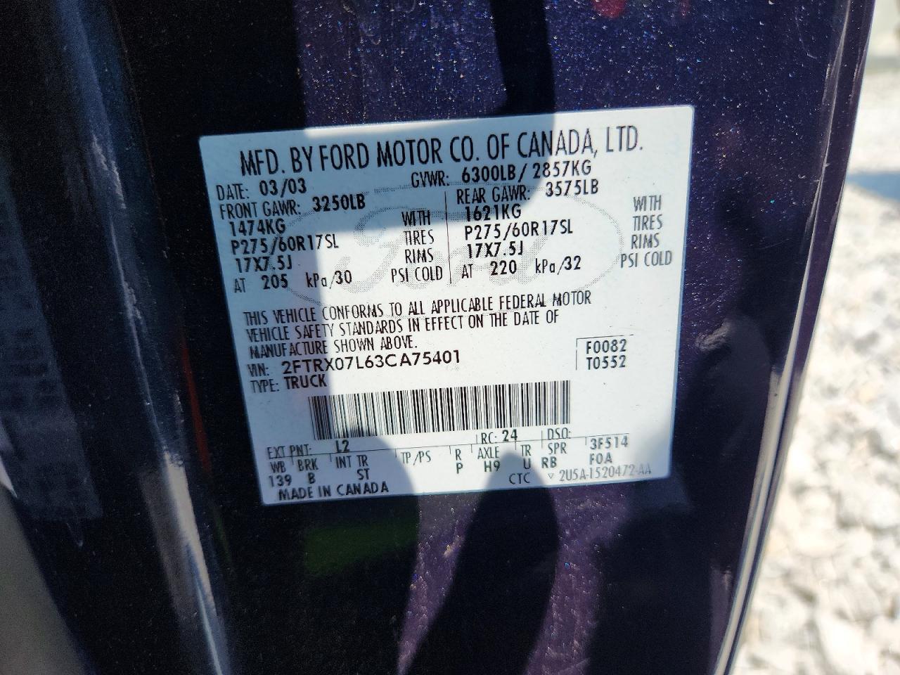 2003 Ford F150 Blue vin: 2FTRX07L63CA75401