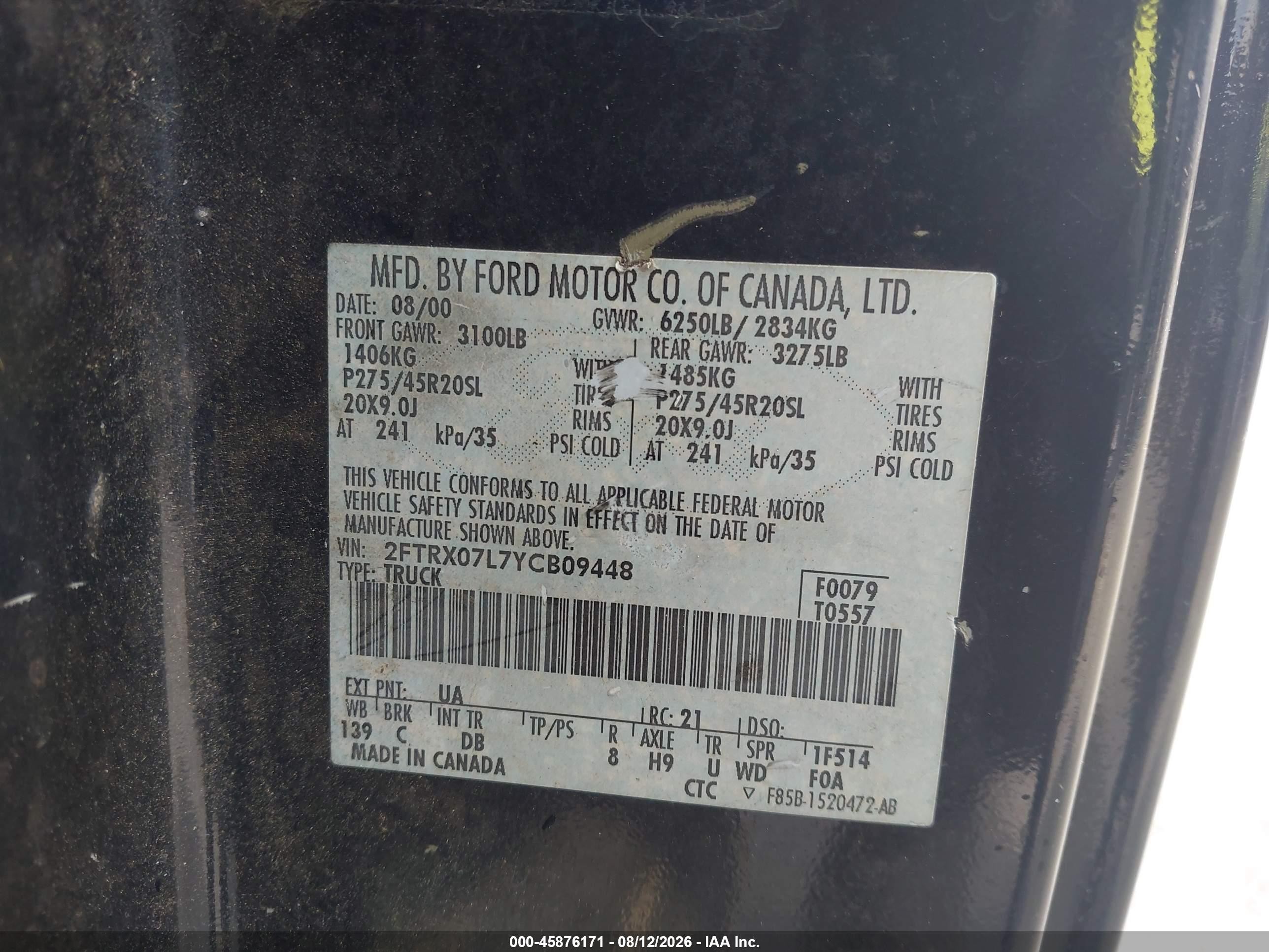 2000 Ford F-150 Lariat/xl/xlt Black vin: 2FTRX07L7YCB09448