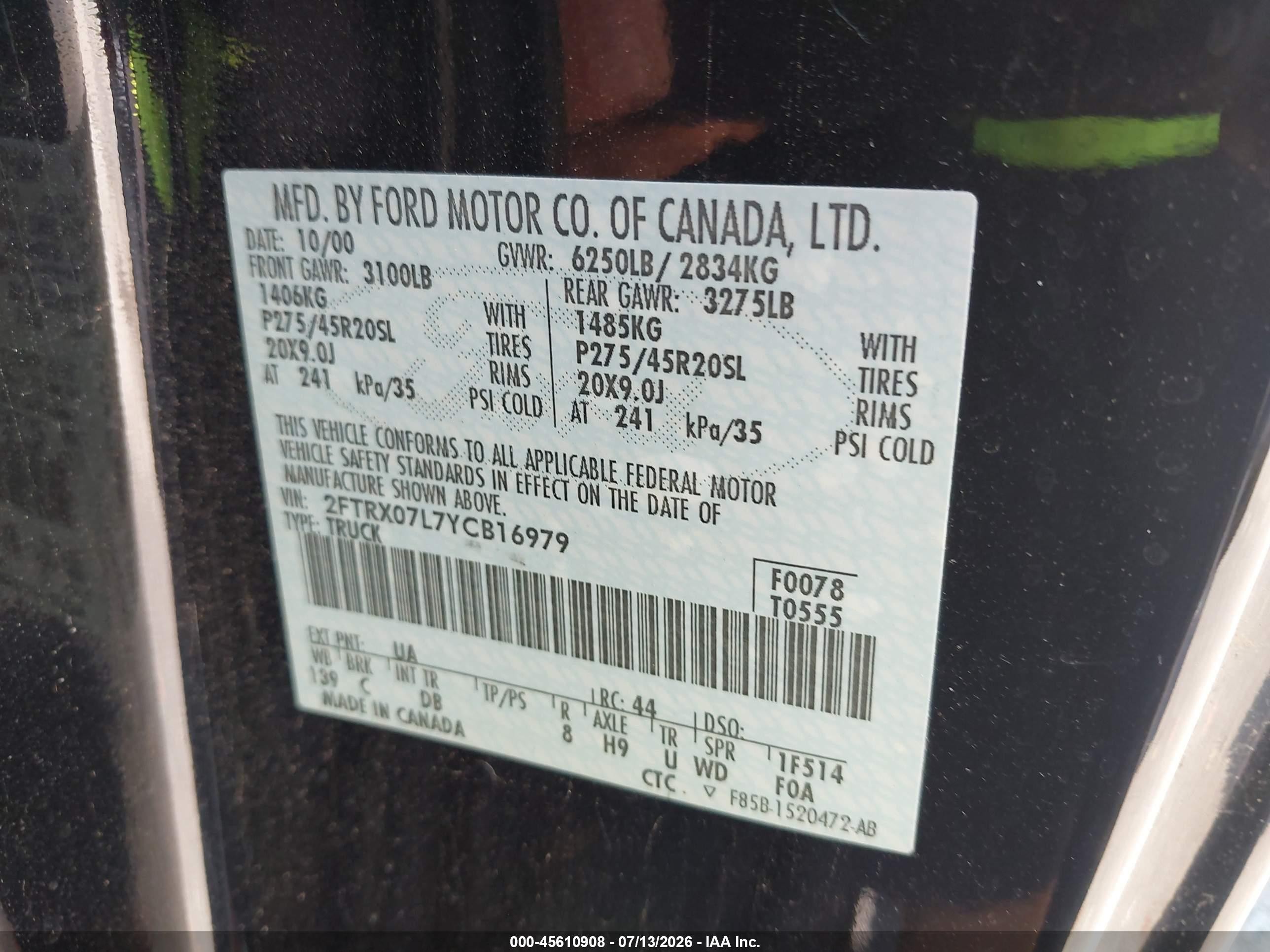 2000 Ford F-150 Lariat/xl/xlt Black vin: 2FTRX07L7YCB16979