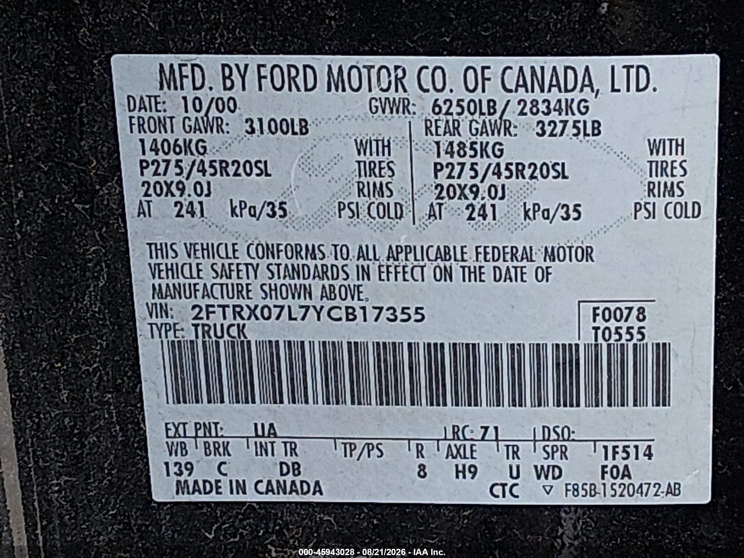 2000 Ford F-150 Lariat/xl/xlt Black vin: 2FTRX07L7YCB17355