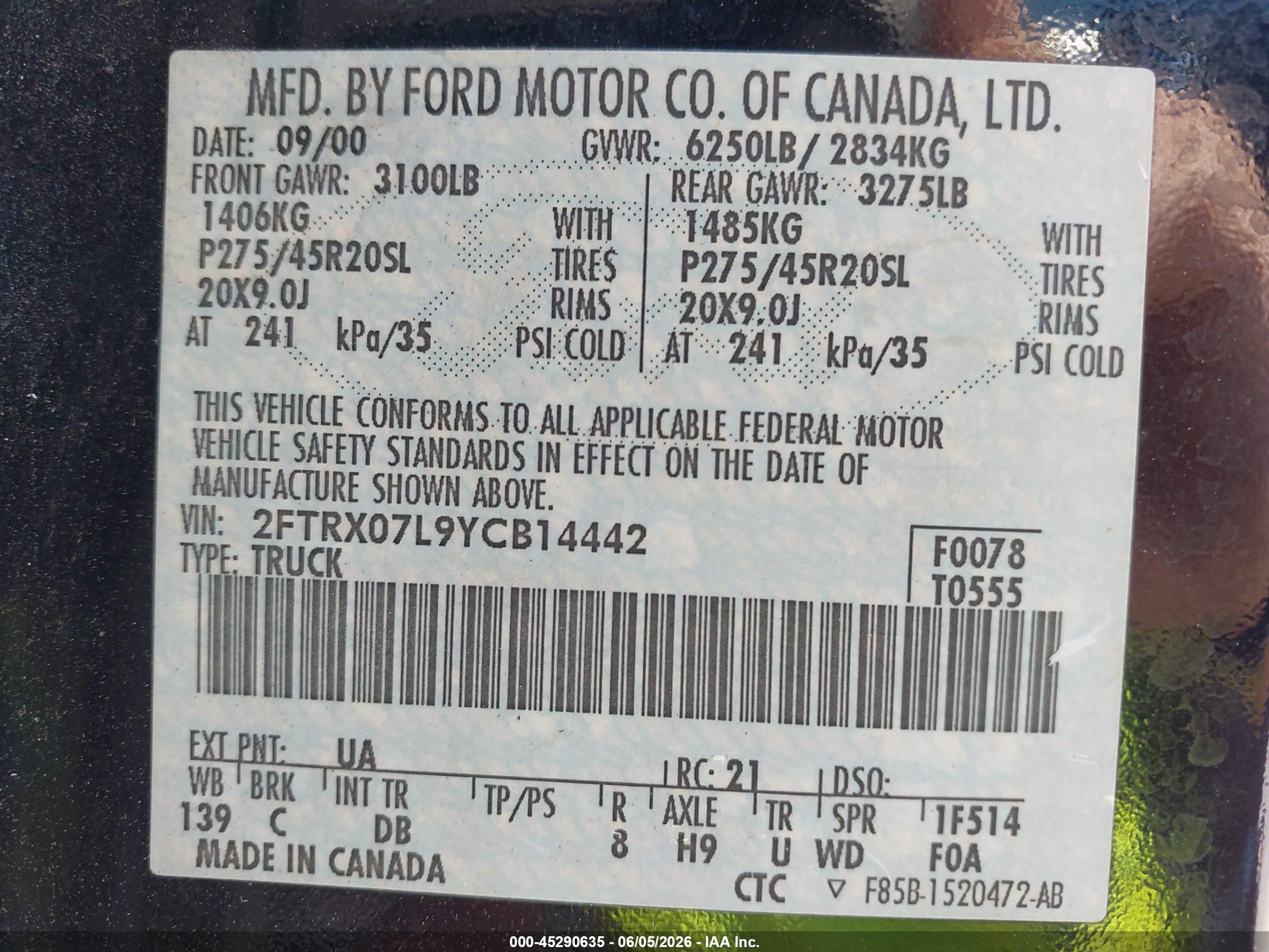2000 Ford F-150 Lariat/xl/xlt Черный vin: 2FTRX07L9YCB14442